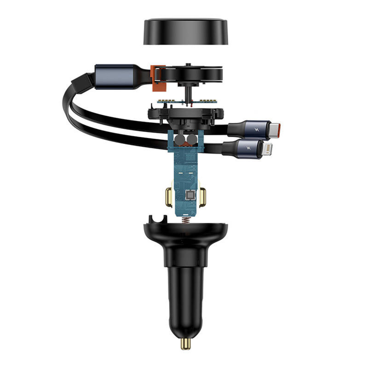 Widok rozstrzelony ładowarki samochodowej, pokazujący elementy wewnętrzne i kable połączeniowe.