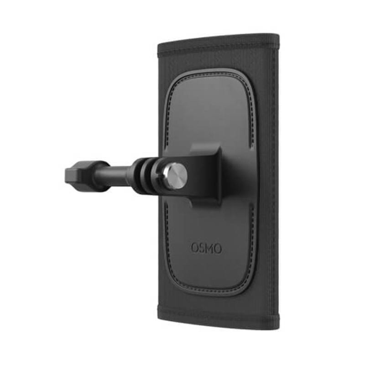Supporto da braccio nero per una fotocamera. Il supporto è attaccato a un cinturino. Testo sul supporto: Osmo.