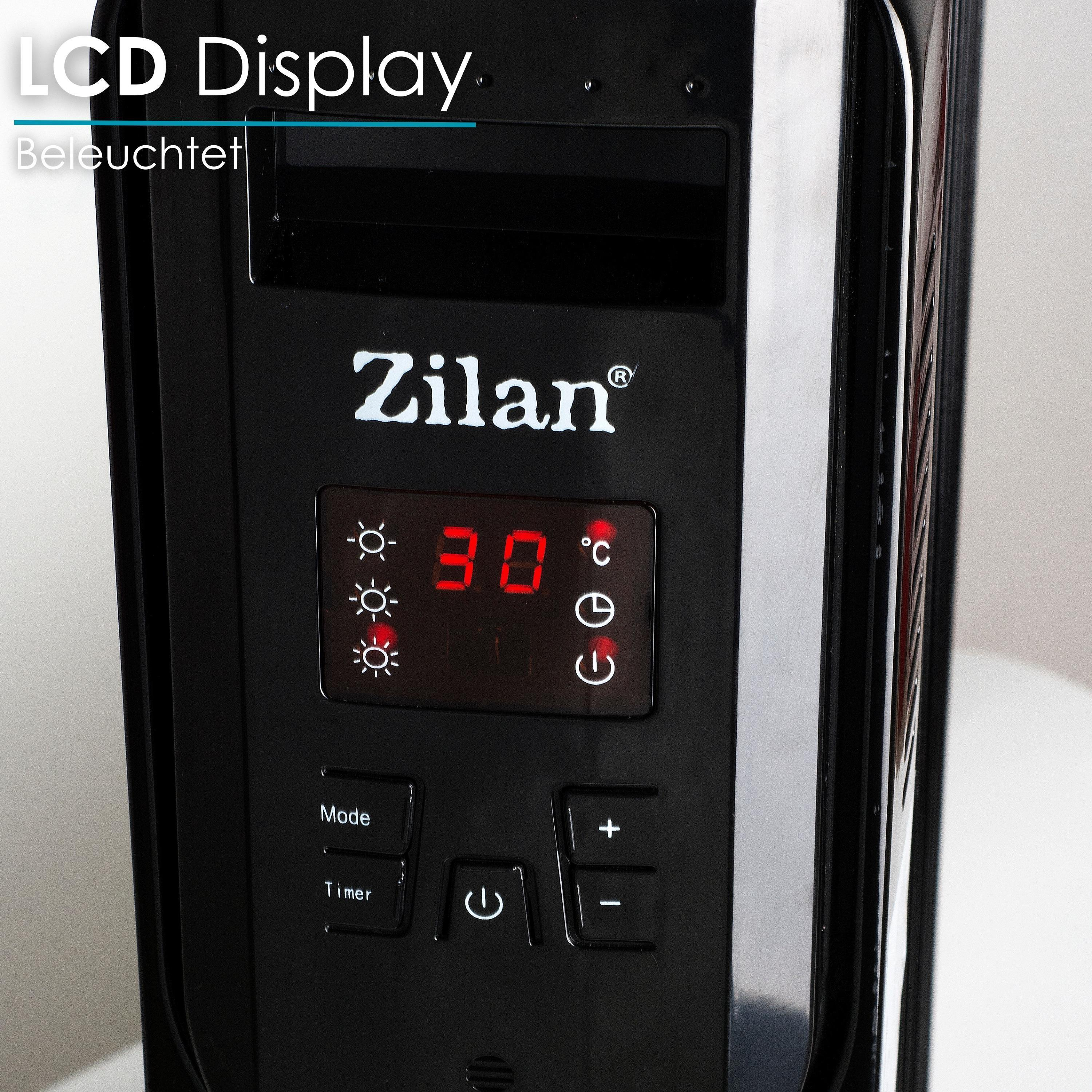 Nahaufnahme einer schwarzen Heizung mit LCD-Anzeige, die 30 Grad anzeigt. Knöpfe sind unten sichtbar.