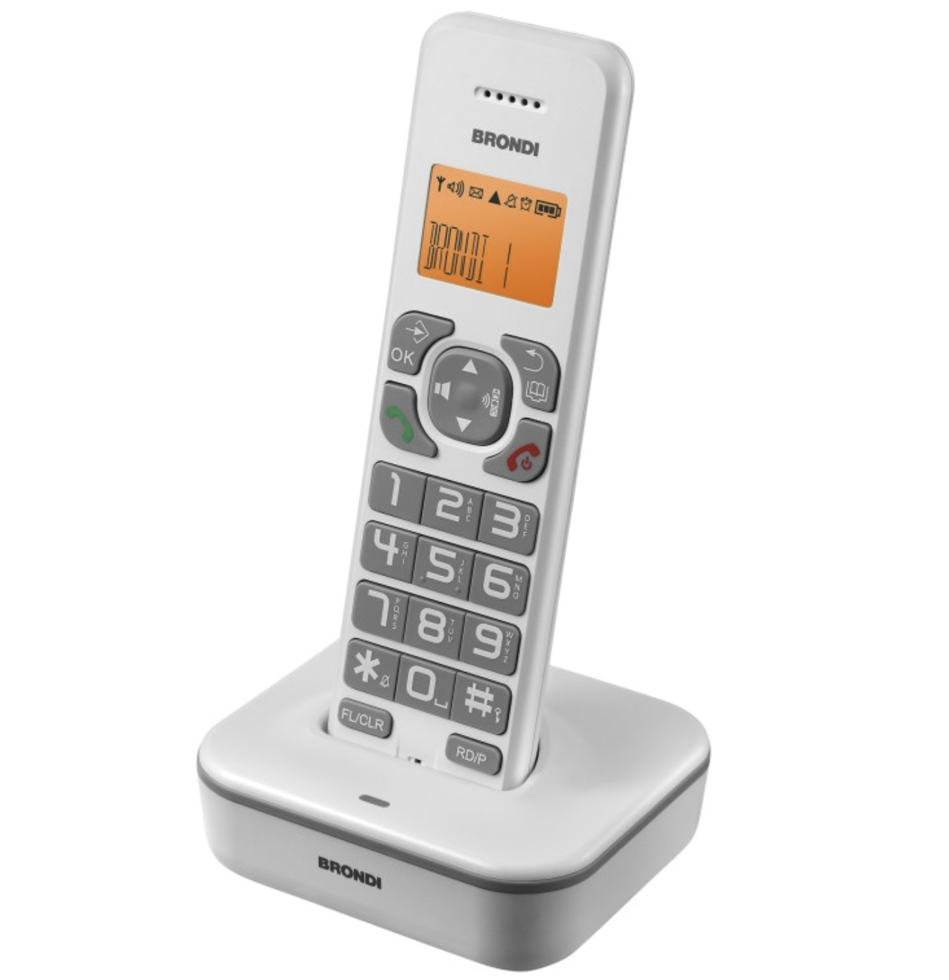 Ein weißes Brondi-Telefon auf seiner Basis, mit einem großen Tastenfeld und einem orangefarbenen Bildschirm.