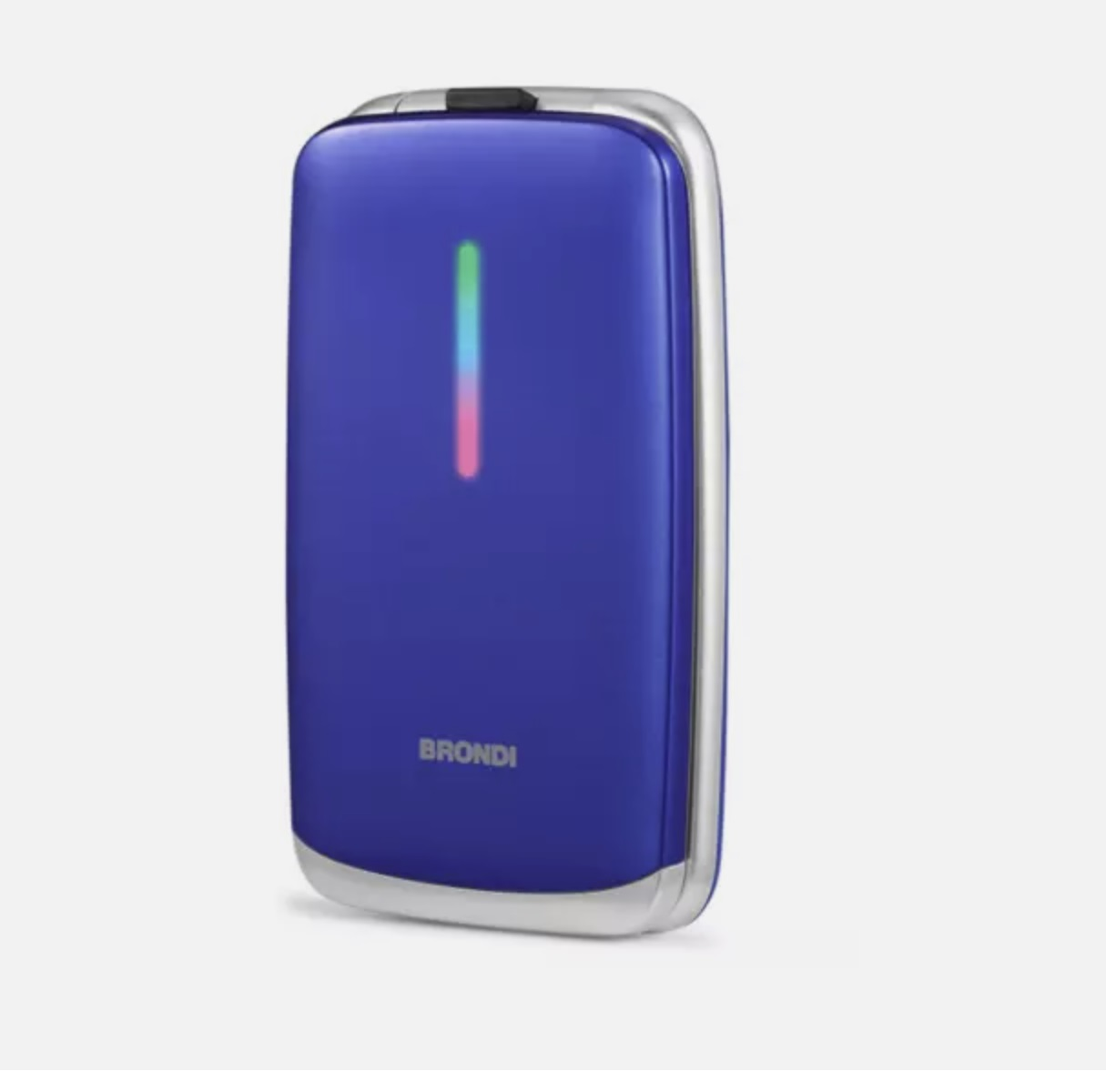 Telefono blu chiuso, con una barra luminosa verticale sul retro.
