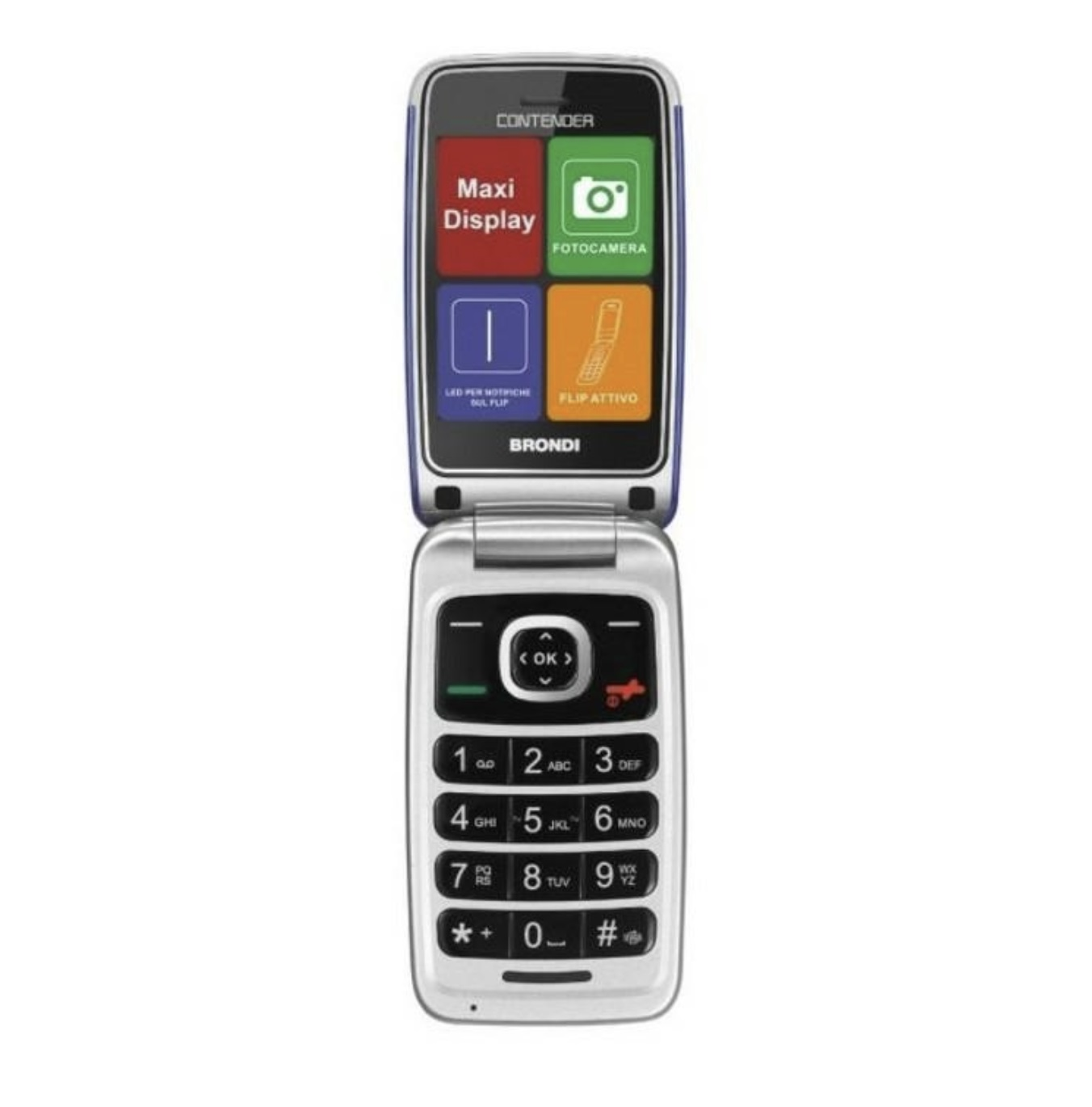 Telefono a conchiglia argento, aperto, con dettagli blu e tastiera.