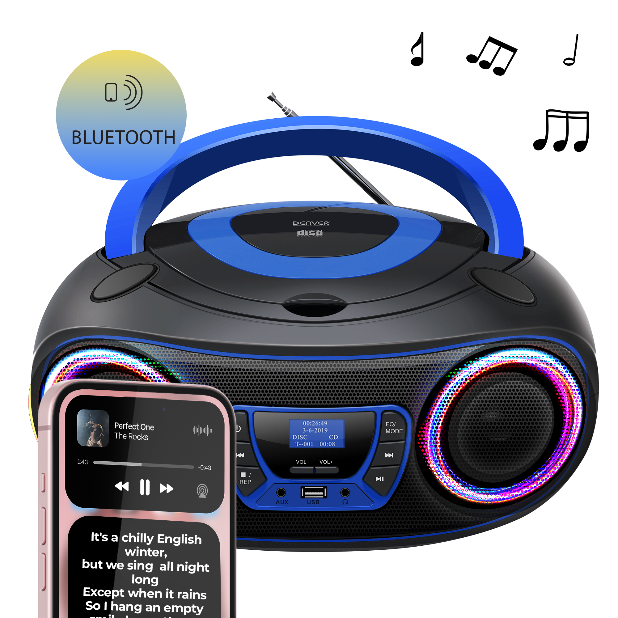Zwarte en blauwe boombox met een telefoon die muziek afspeelt, muzieknoten op de achtergrond.