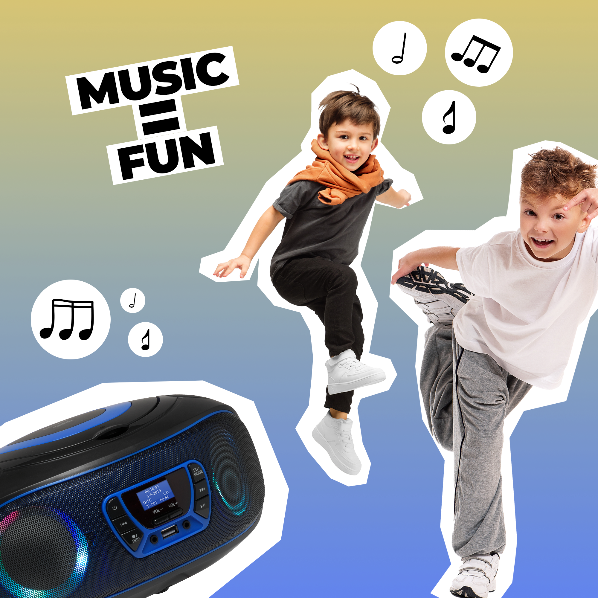 Twee kinderen die dansen bij een boombox met muzieknoten in de lucht.