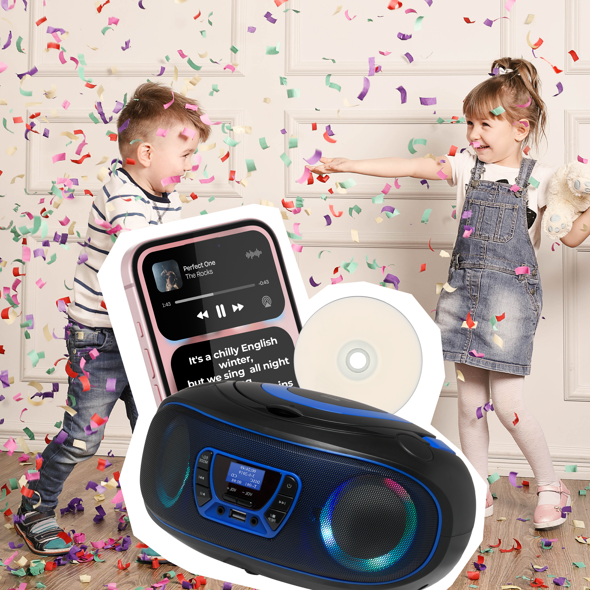 Twee kinderen spelen met een muziekspeler en confetti. Een roze telefoon is zichtbaar.
