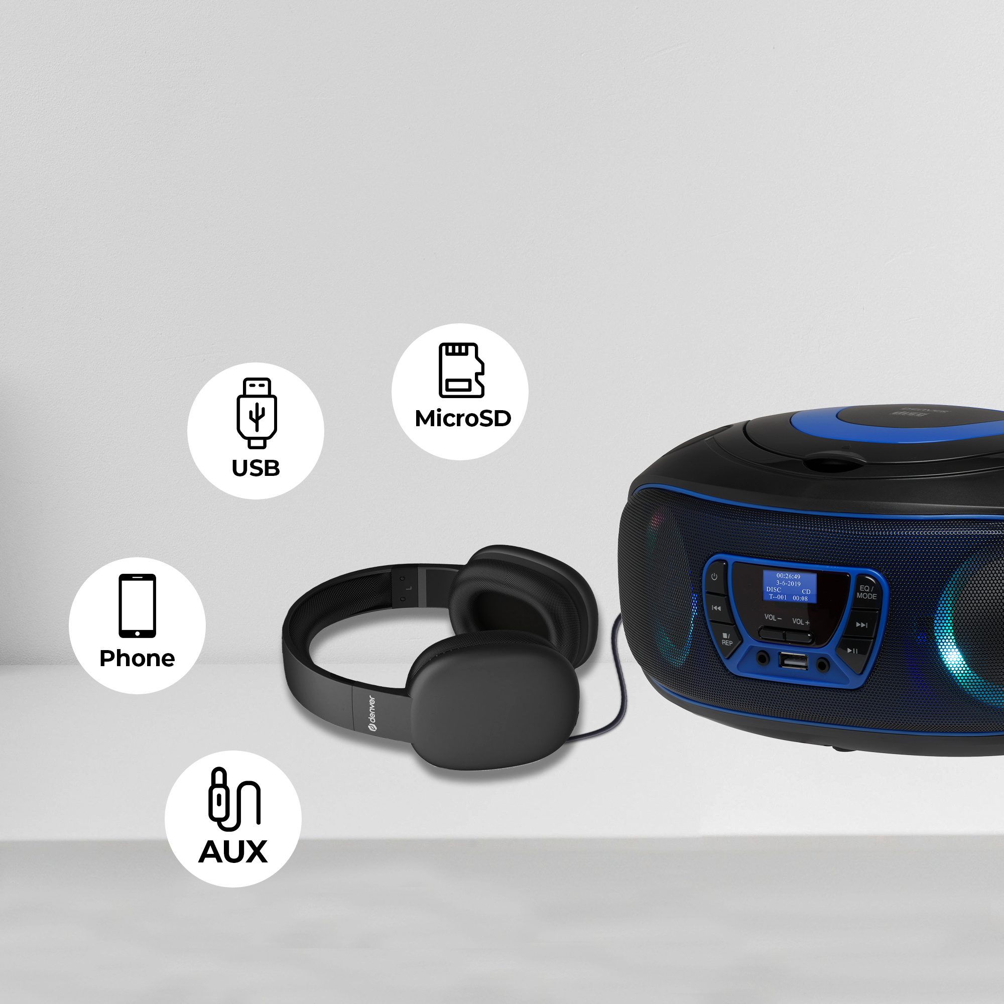 Een muziekspeler met koptelefoon, USB, MicroSD, telefoon en AUX-aansluiting iconen.