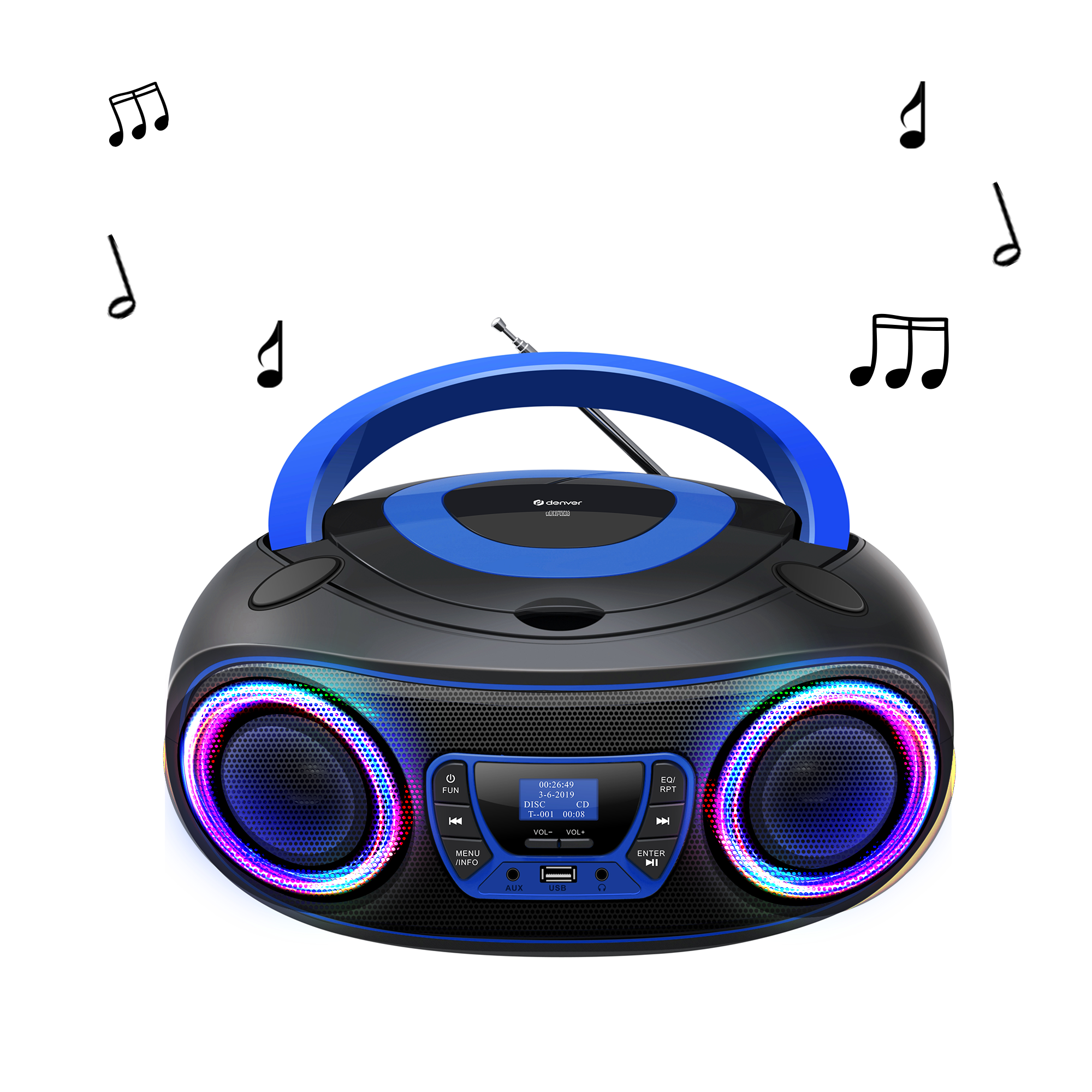 Boombox met lichten en muzieknoten. De achtergrond is wit.