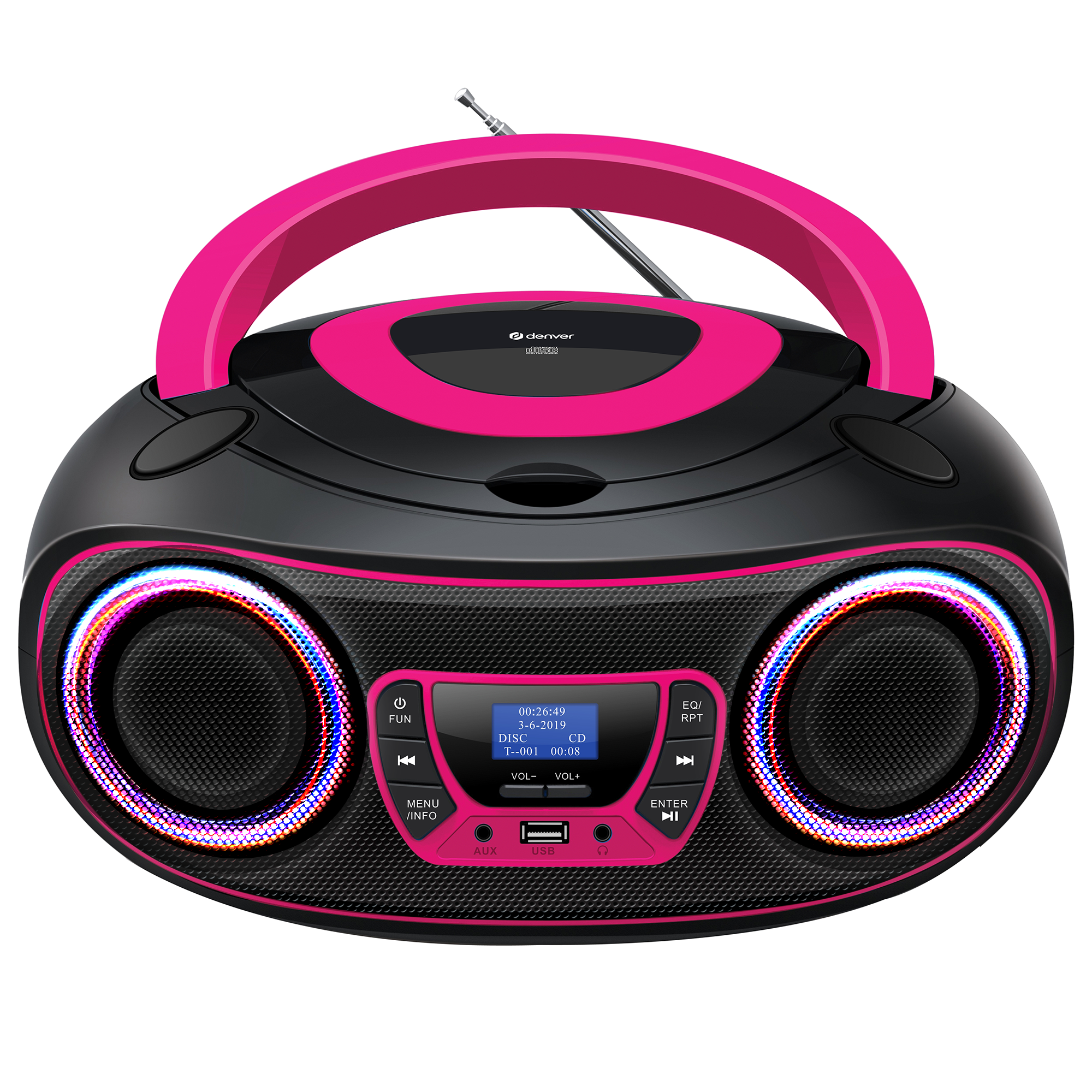 Zwarte en roze boombox met speakers, knoppen en een handvat. Het heeft een antenne.