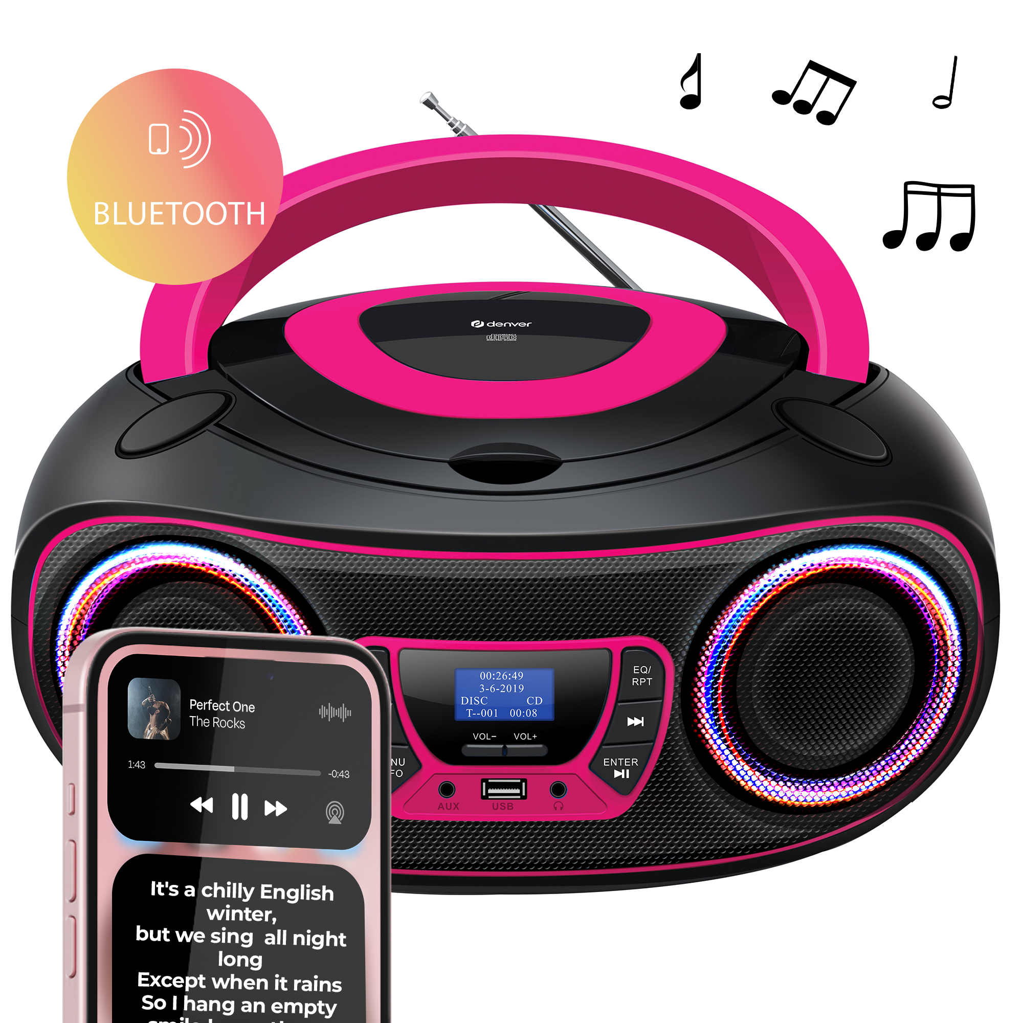 Roze en zwarte radio met telefoon met songtekst. Bluetooth label erop.