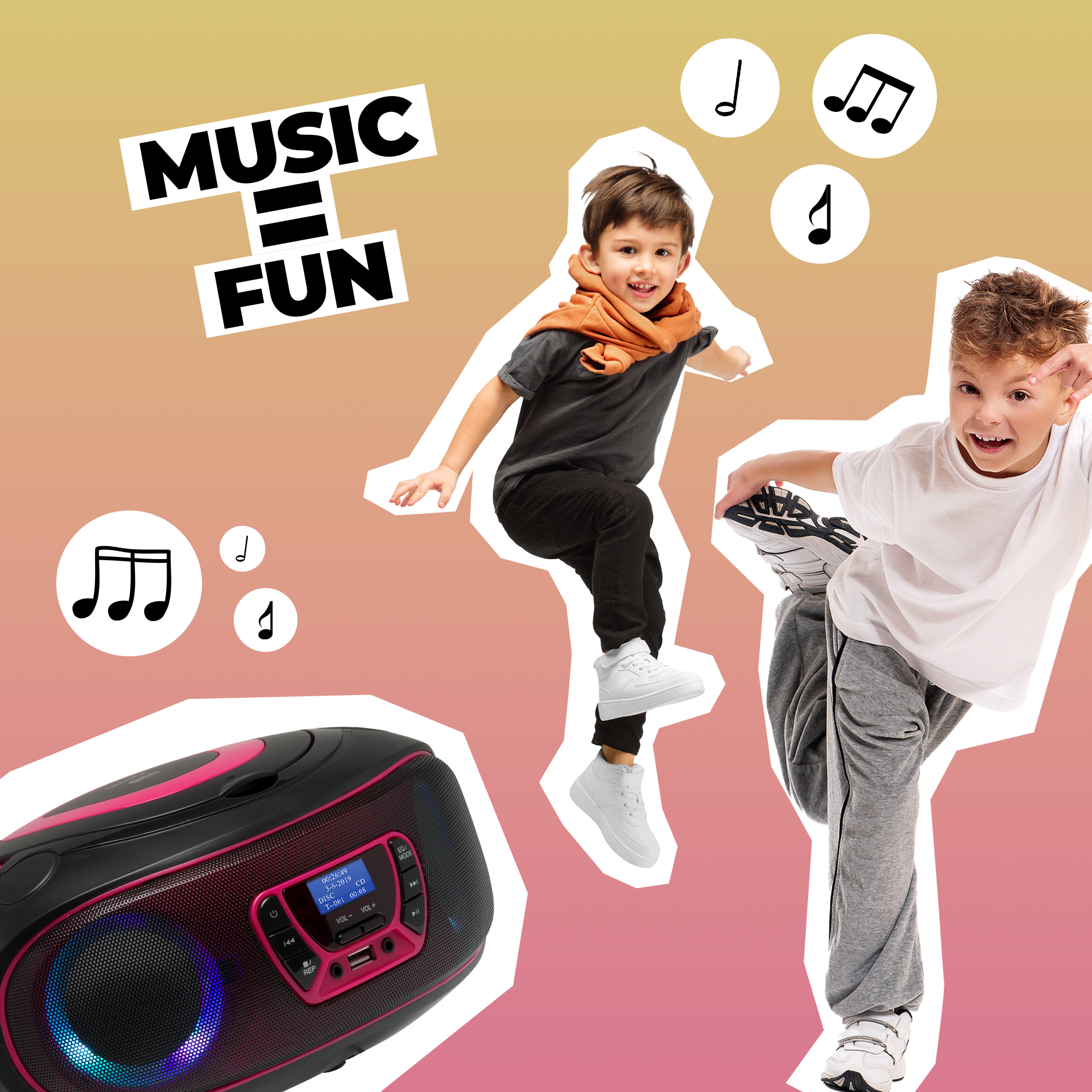 Twee jongens dansen in de buurt van een boombox. Muzieknoten zijn om hen heen getekend.
