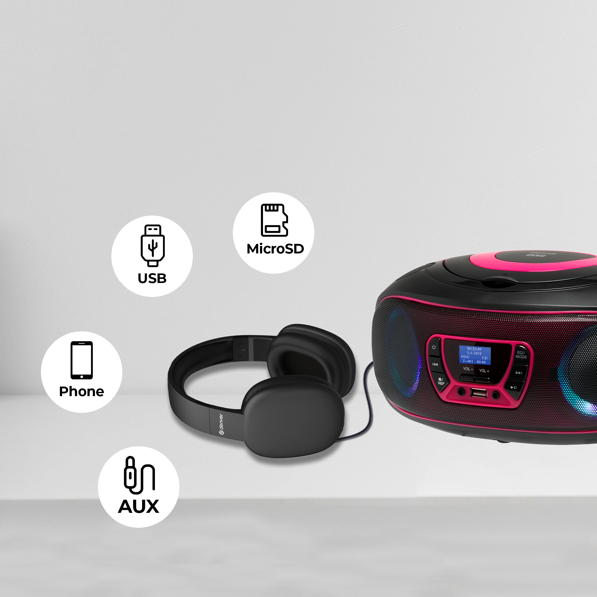 Zwarte en roze radio met koptelefoon, USB, MicroSD, telefoon en AUX-pictogrammen.