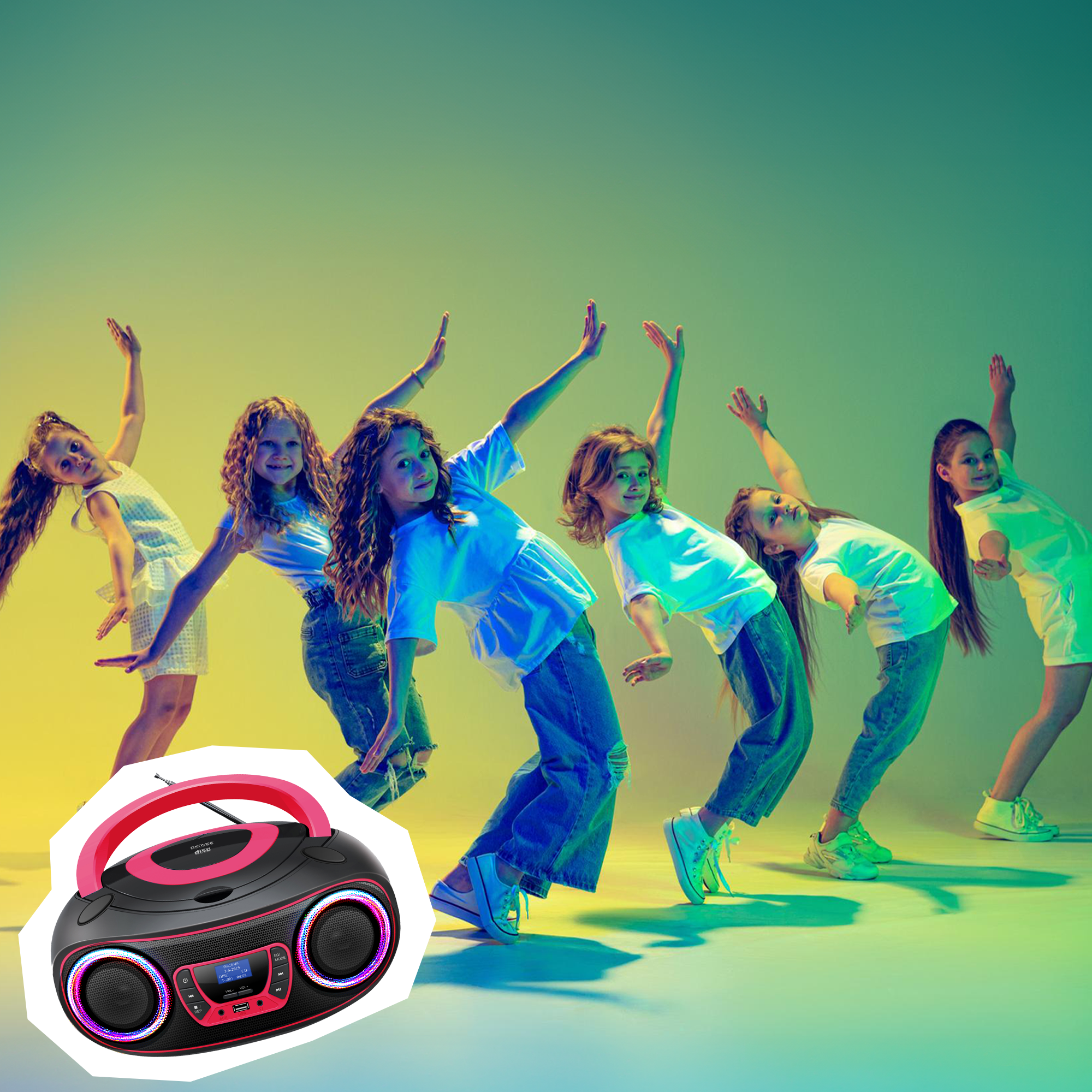 Zes kinderen dansen in de buurt van een boombox. De setting is een kleurrijke achtergrond.