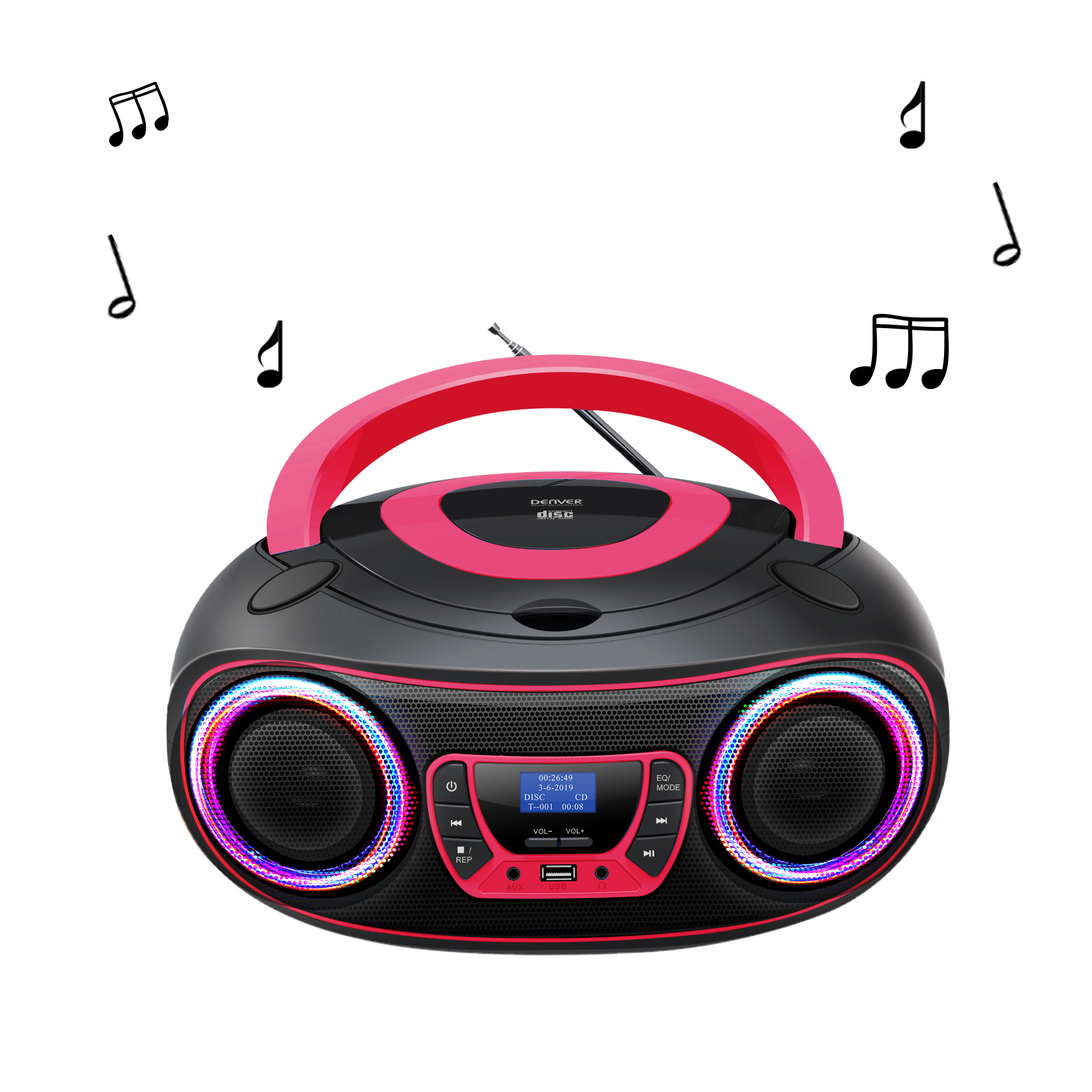 Een draagbare boombox radio met een roze handvat en muzieknoten graphics.