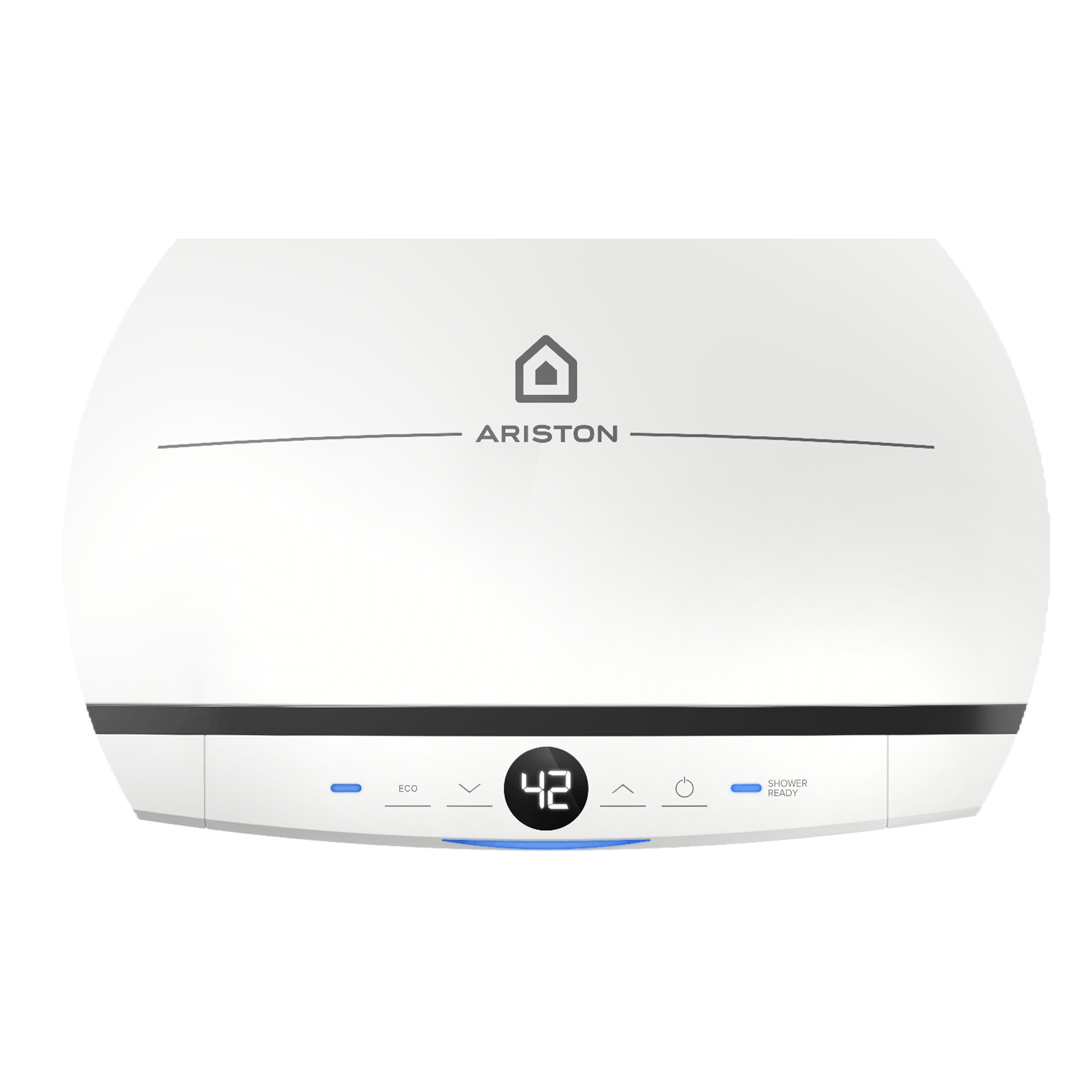 Een witte, moderne Ariston boiler met een digitale display die het nummer 42 toont.