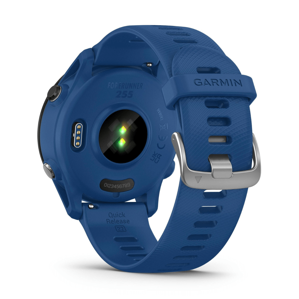 Niebieski smartwatch Garmin Forerunner 255, widok z tyłu. Pokazuje czujnik tętna i niebieski pasek.