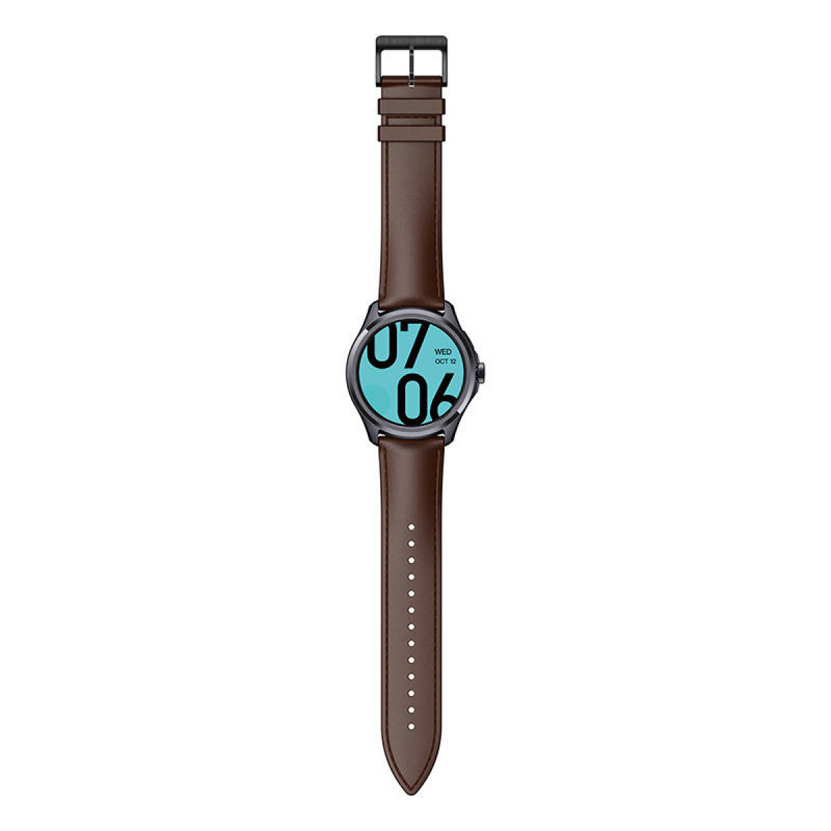 Eine braune Smartwatch mit braunem Lederarmband. Das Zifferblatt zeigt Datum und Uhrzeit an.
