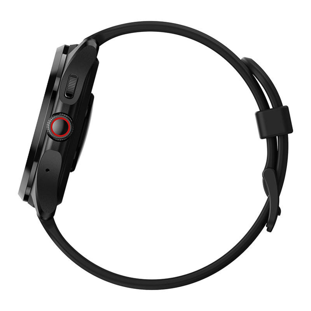 Eine schwarze Smartwatch von der Seite. Das Armband ist um das Gerät gelegt.