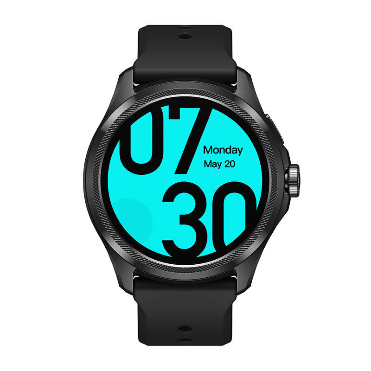 Eine schwarze Smartwatch, die die Uhrzeit und das Datum anzeigt.