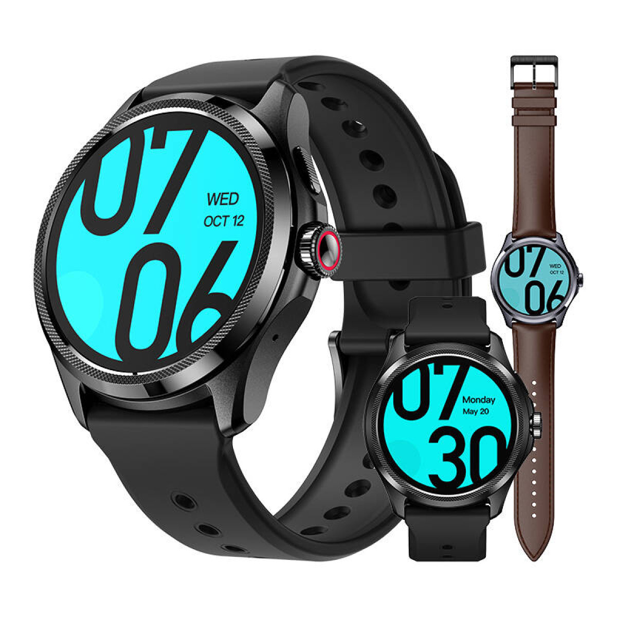 Schwarze Smartwatch mit mehreren Zifferblättern, die die Zeit anzeigen.  Braune und schwarze Armbänder.