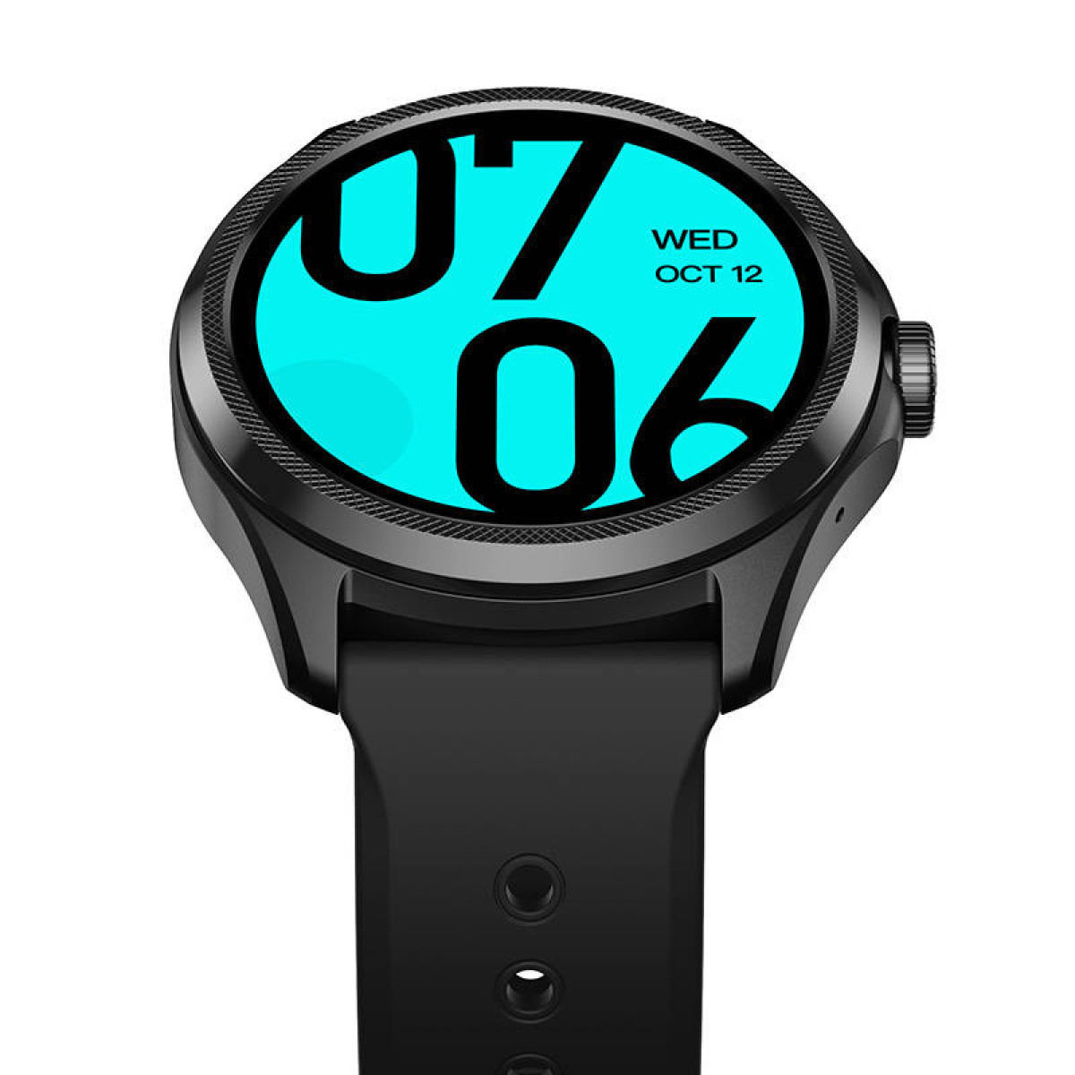 Eine schwarze Smartwatch mit blauem Bildschirm, der Datum und Uhrzeit anzeigt.