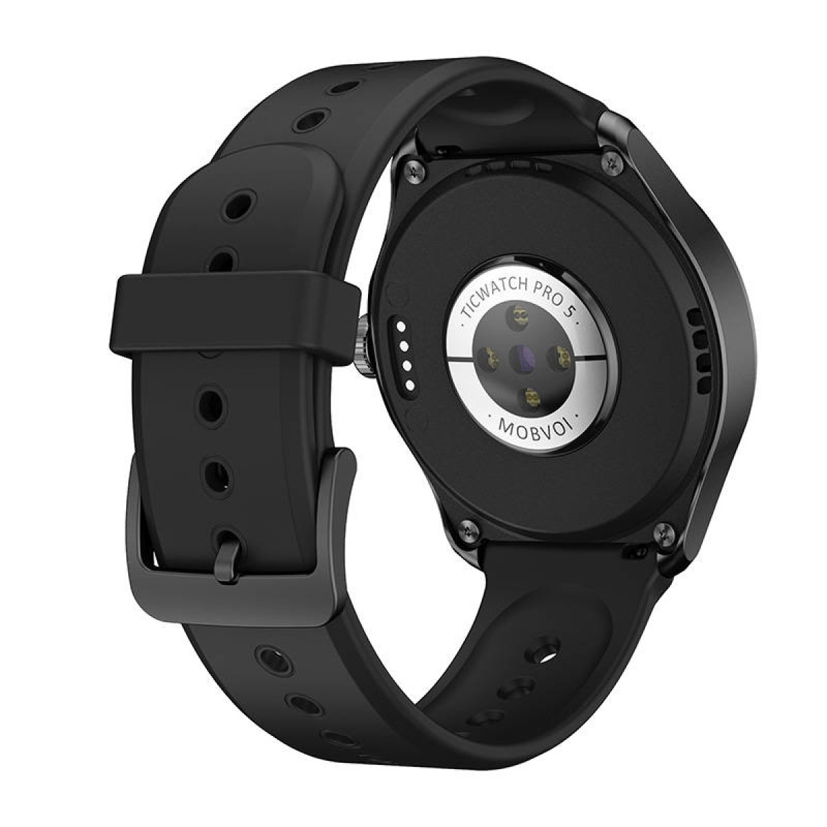 Eine schwarze Smartwatch mit rundem Zifferblatt, schwarzem Armband und Sensoren auf der Rückseite.