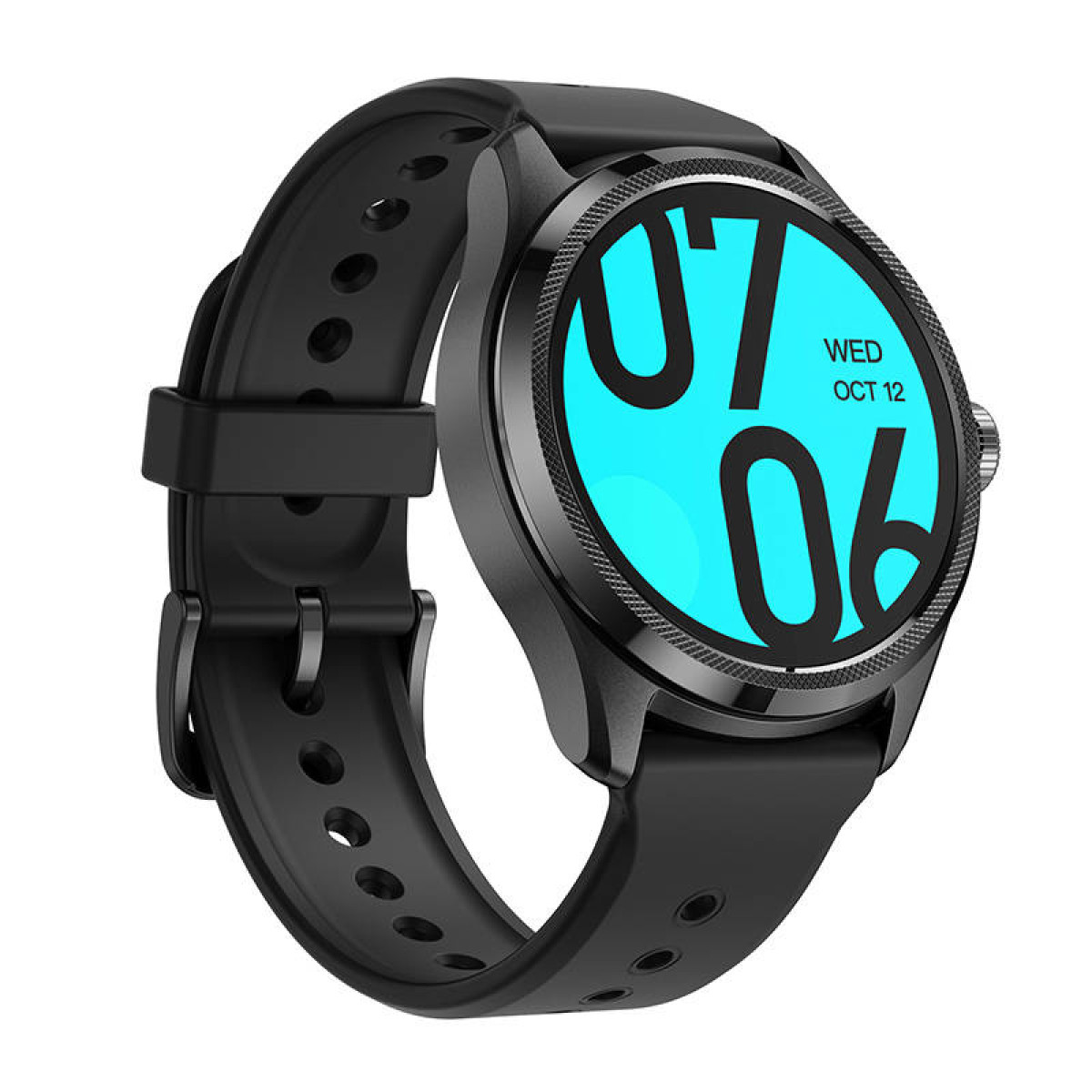 Schwarze Smartwatch mit rundem Zifferblatt, zeigt Uhrzeit und Datum, und ein schwarzes Armband.