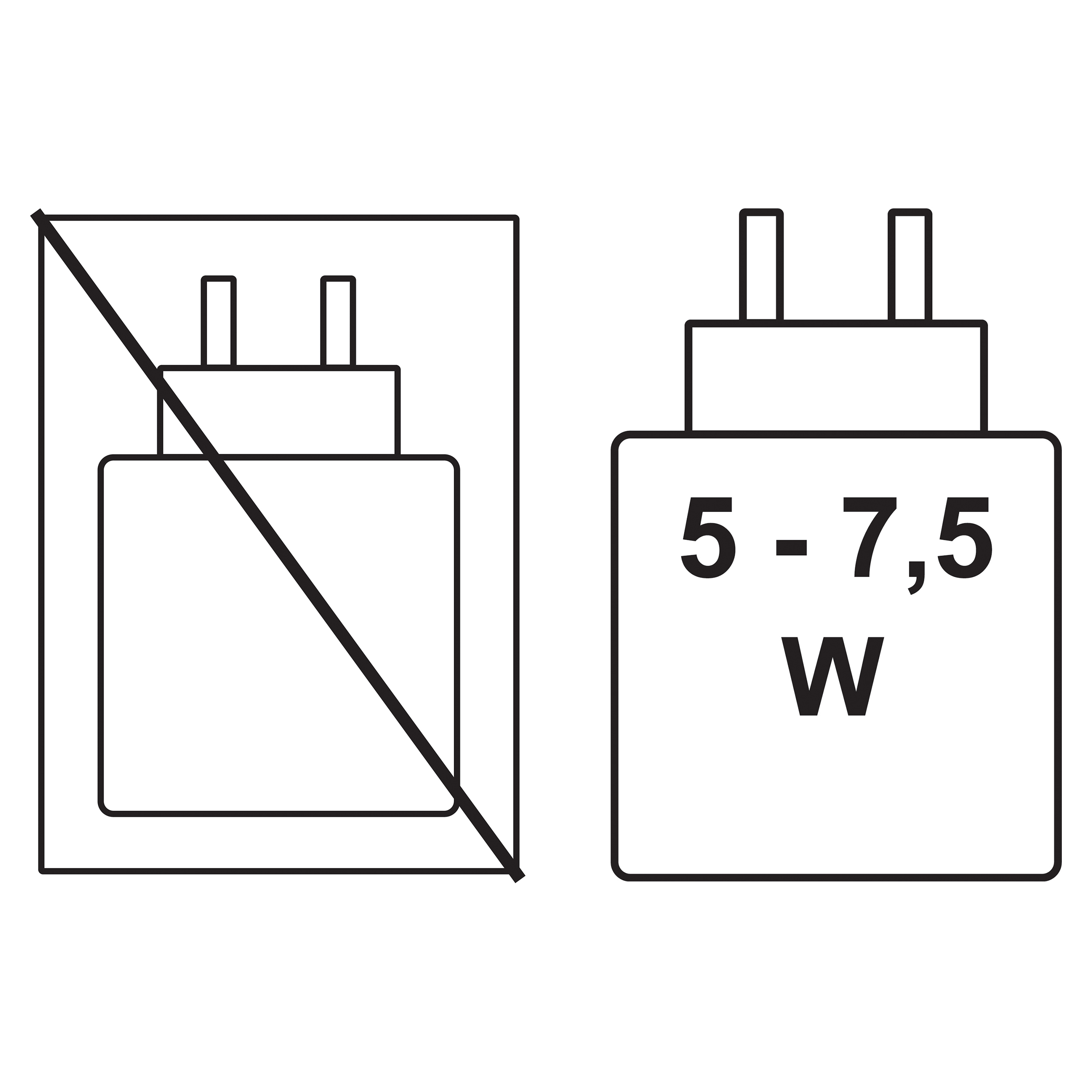 Dos imágenes de un adaptador de corriente. Una con una cruz, la otra con una clasificación de 5-7,5W. Fondo blanco.
