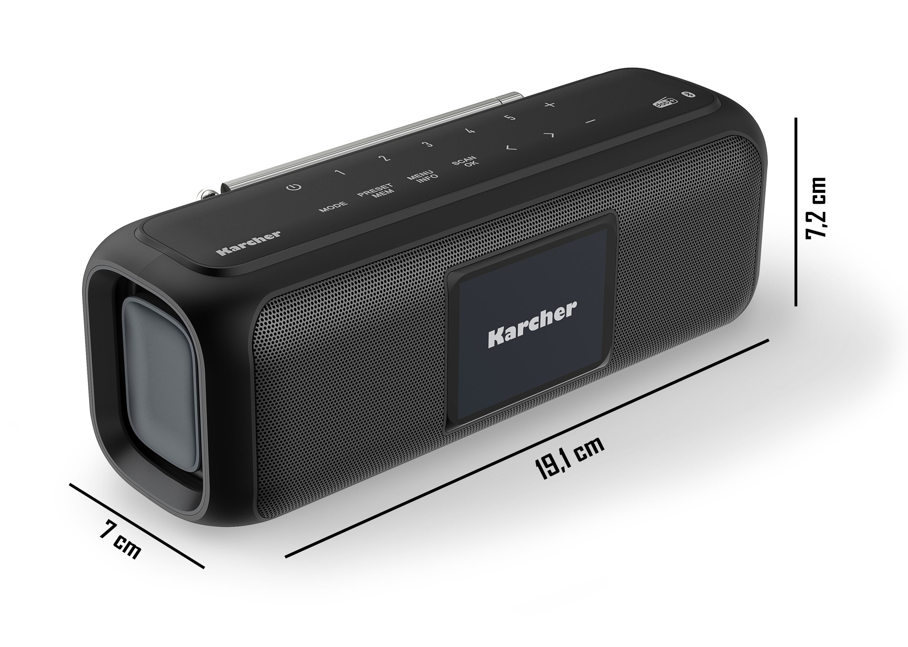 Un altavoz Kärcher negro con dimensiones. Tiene una pantalla y algunos botones en la parte superior.