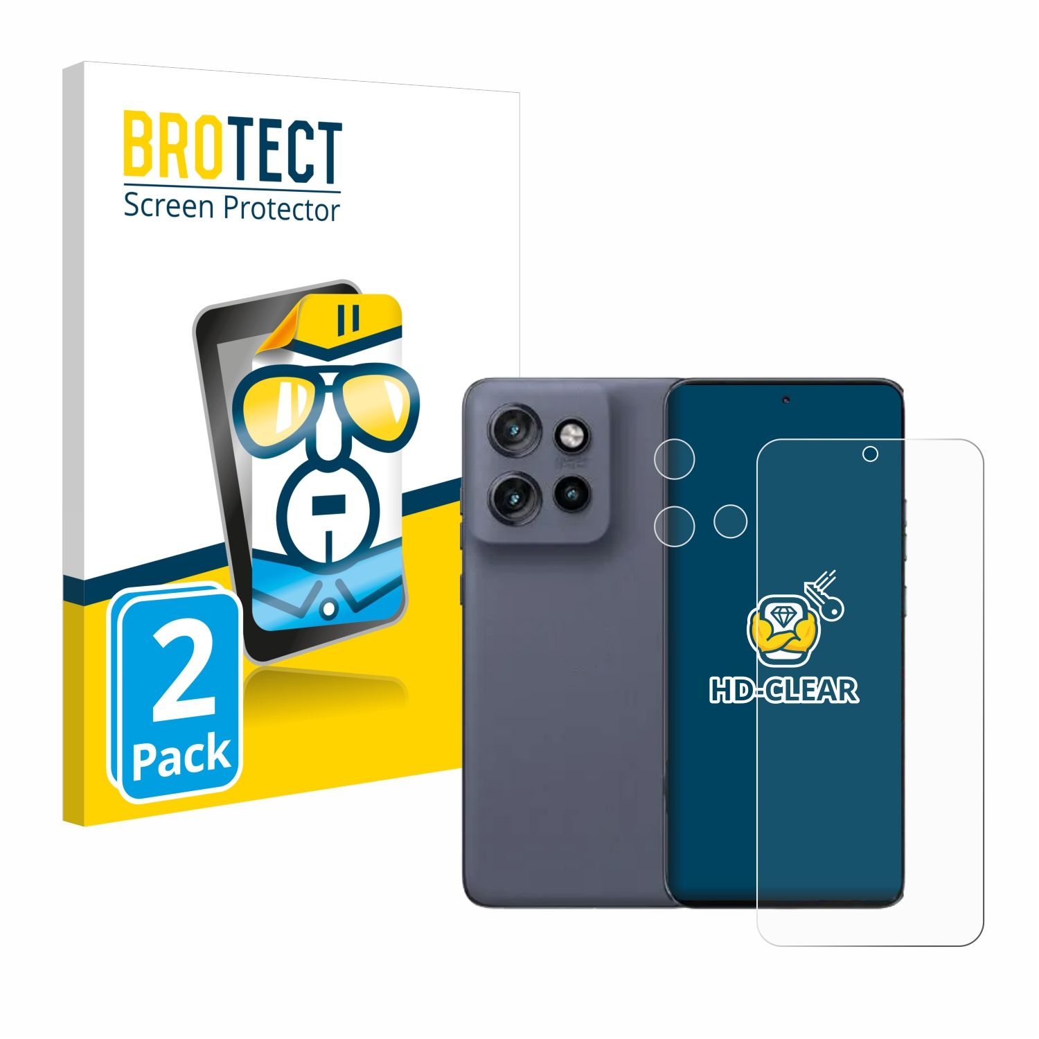 Lila Telefon mit Displayschutzfolie und Schachtel mit Telefonillustration und HD-CLEAR-Etikett.