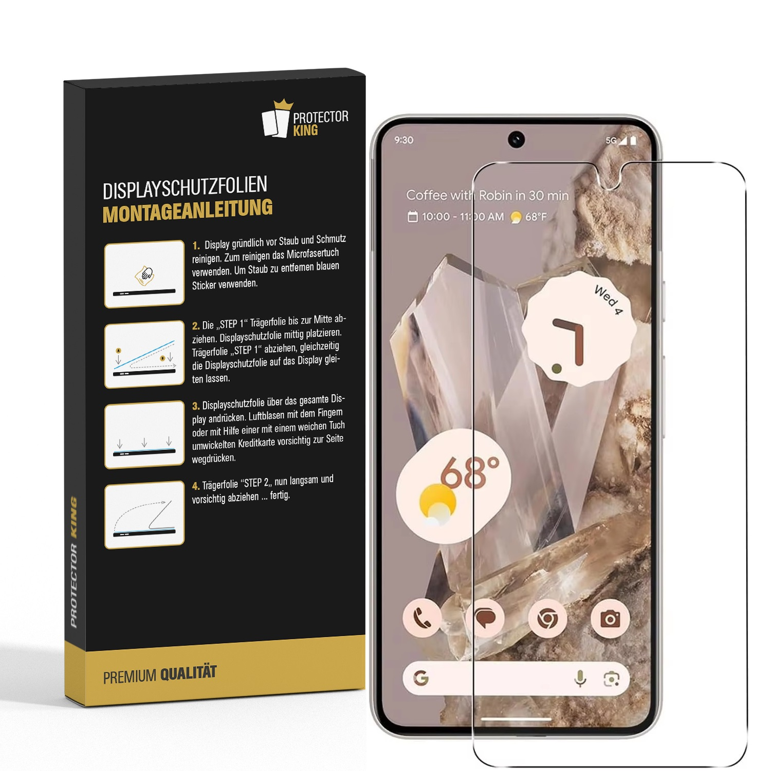 Displayschutzfolien, Telefon und Displayschutz. Anweisungen auf der Box. Telefon zeigt Zeit und Wetter an.