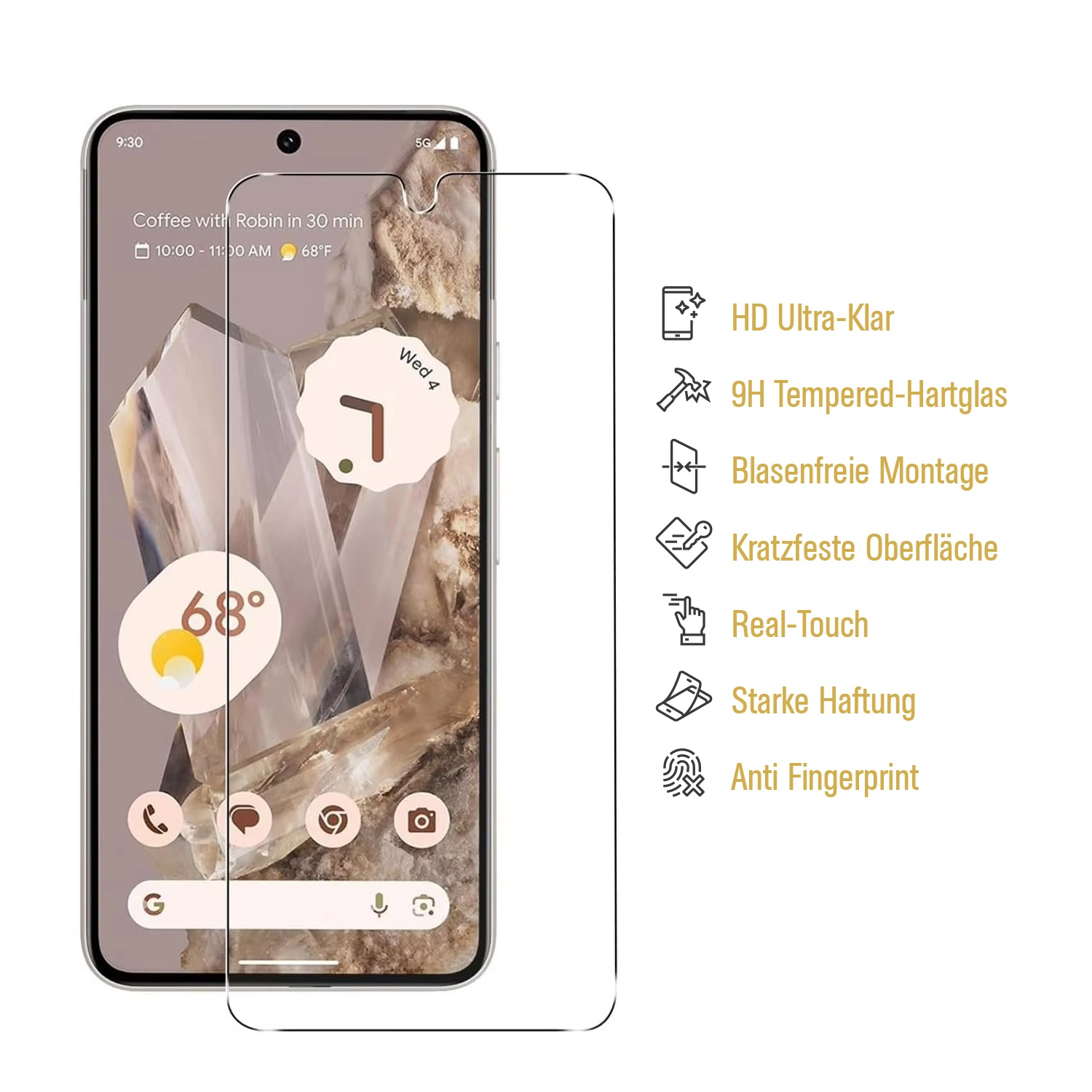 Smartphone mit aufgebrachter Displayschutzfolie. Es zeigt Zeit, Wetter und Symbole. Text weist auf Merkmale des Schutzes hin.