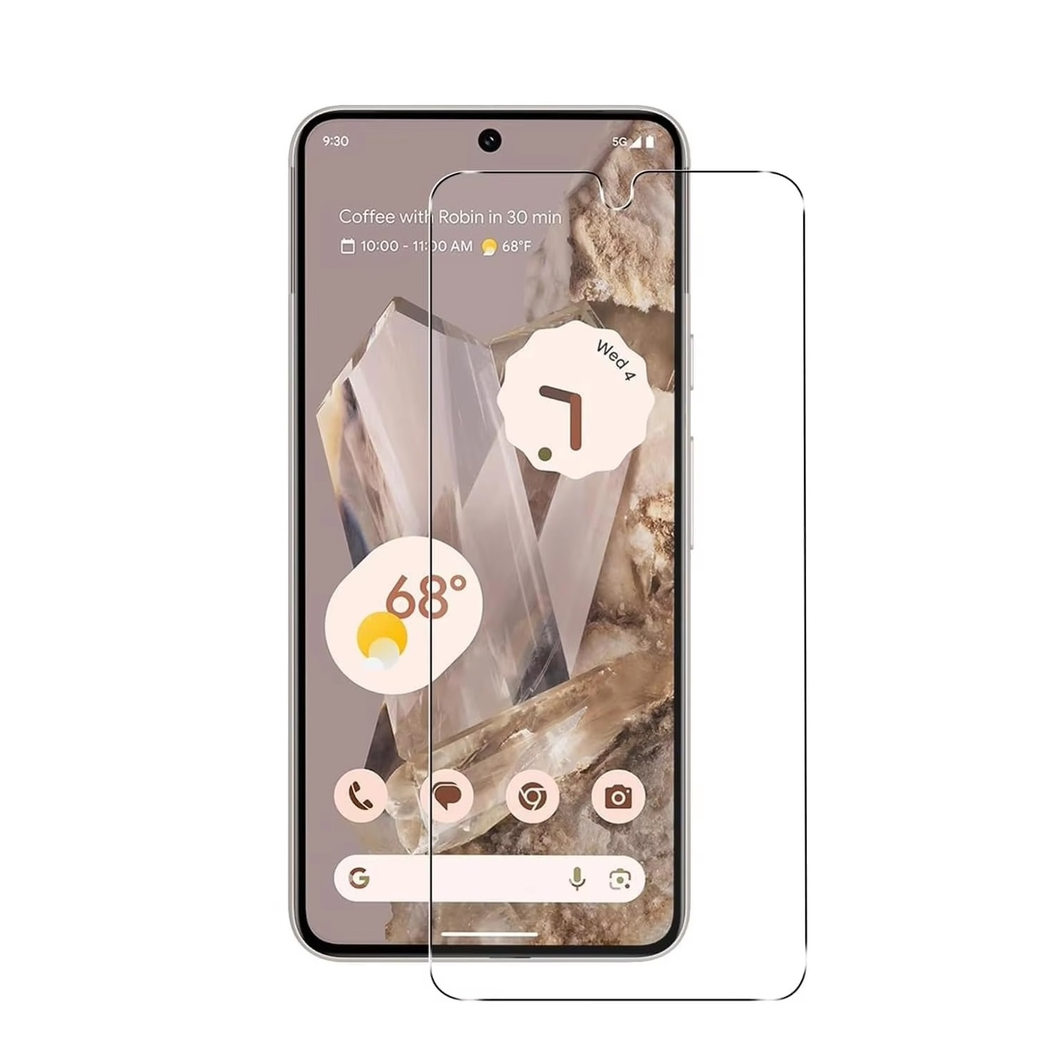 Telefon mit digitaler Wetter-App und einem Displayschutz rechts.