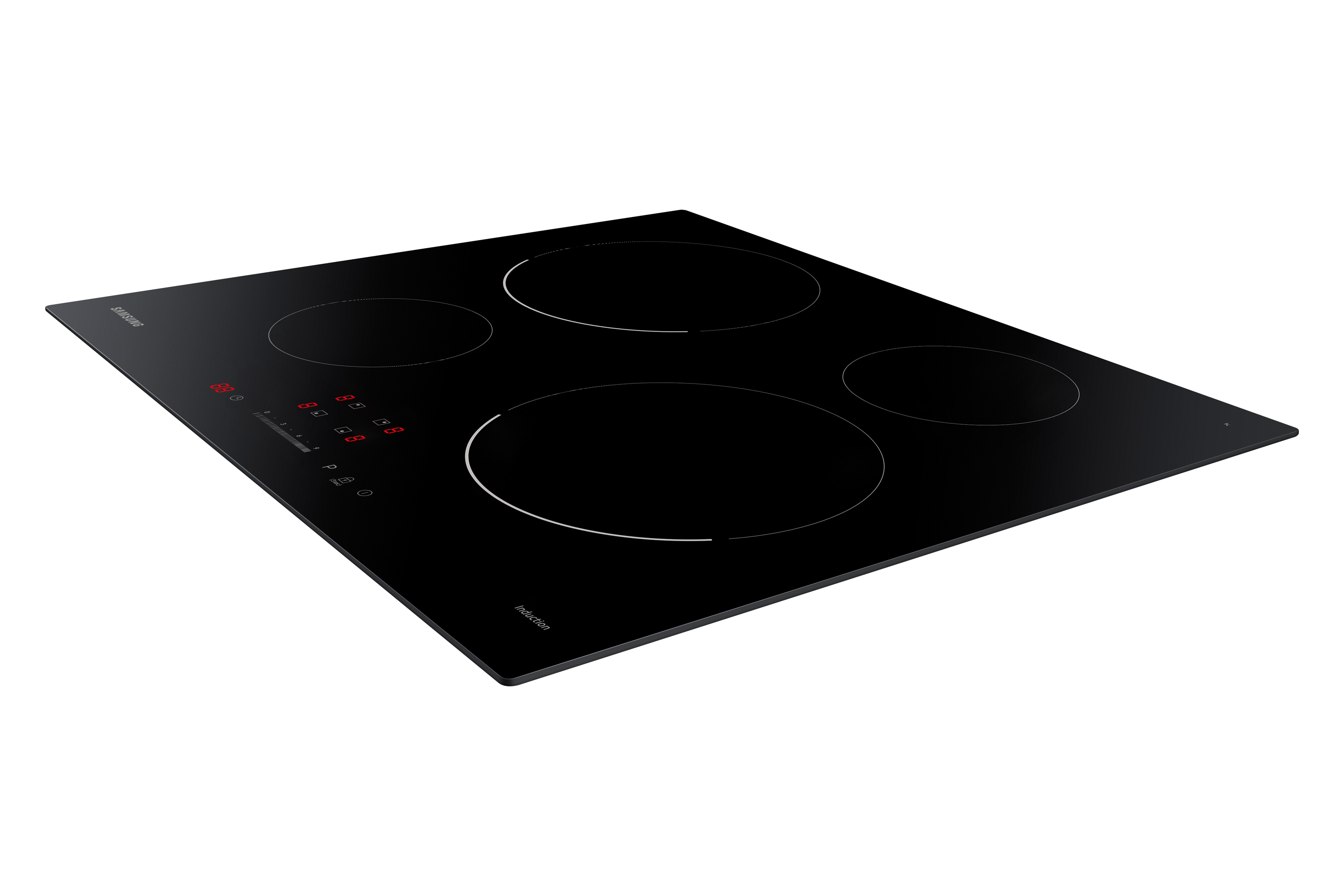 Czarna płyta indukcyjna z czterema palnikami. Płyta na białym tle.