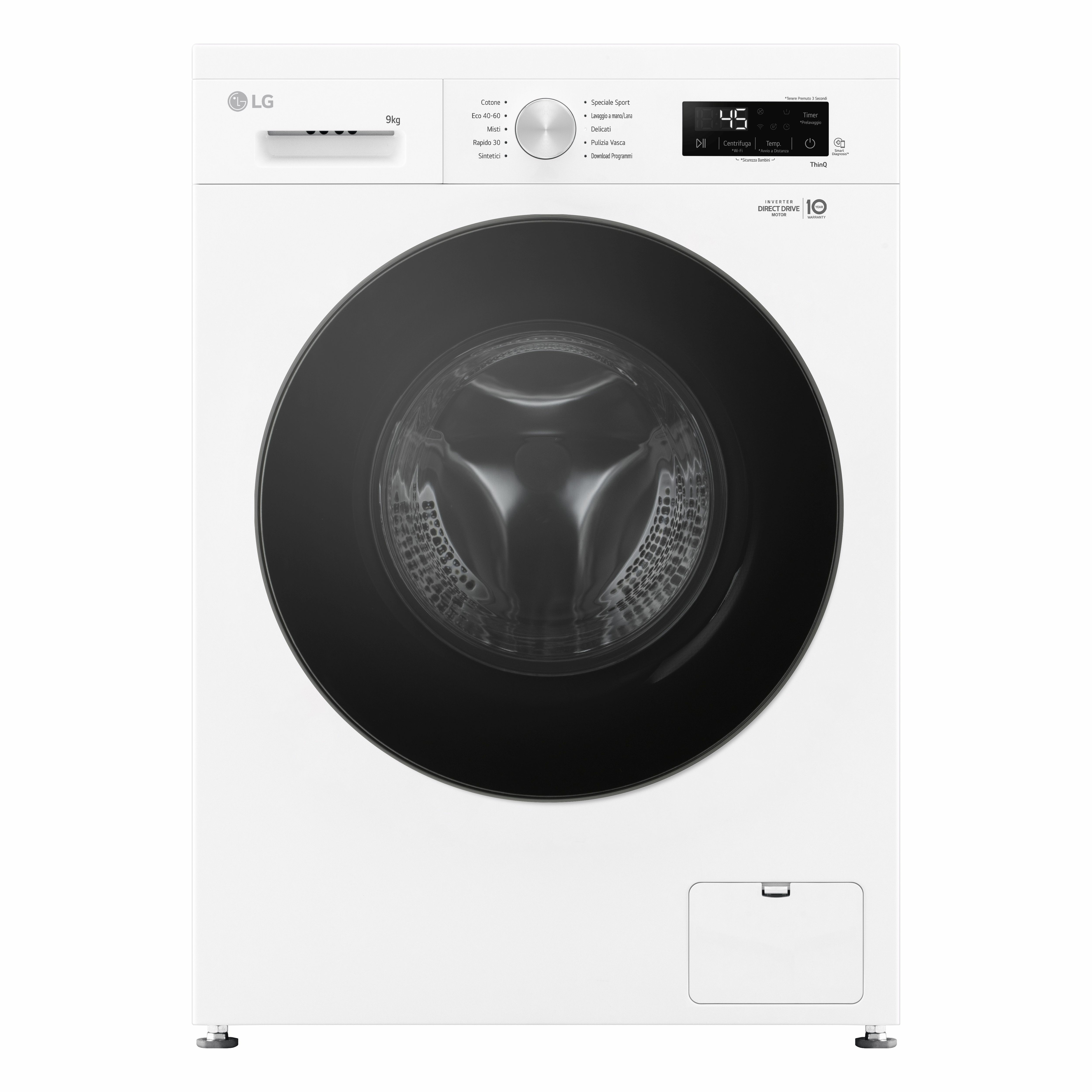 Una lavatrice LG bianca con porta nera e display digitale.
