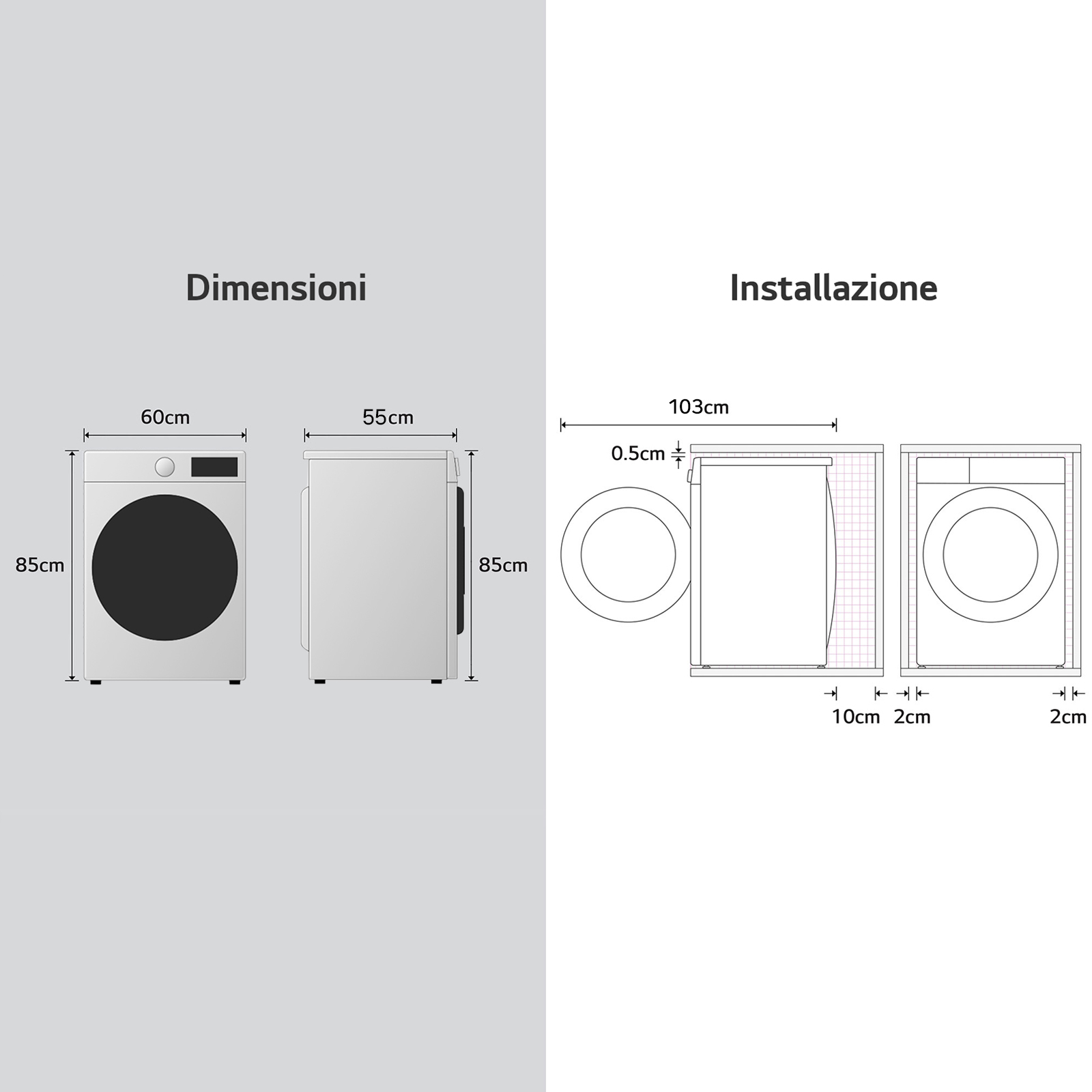 Diagramma che mostra dimensioni e installazione di una lavatrice, con misure.