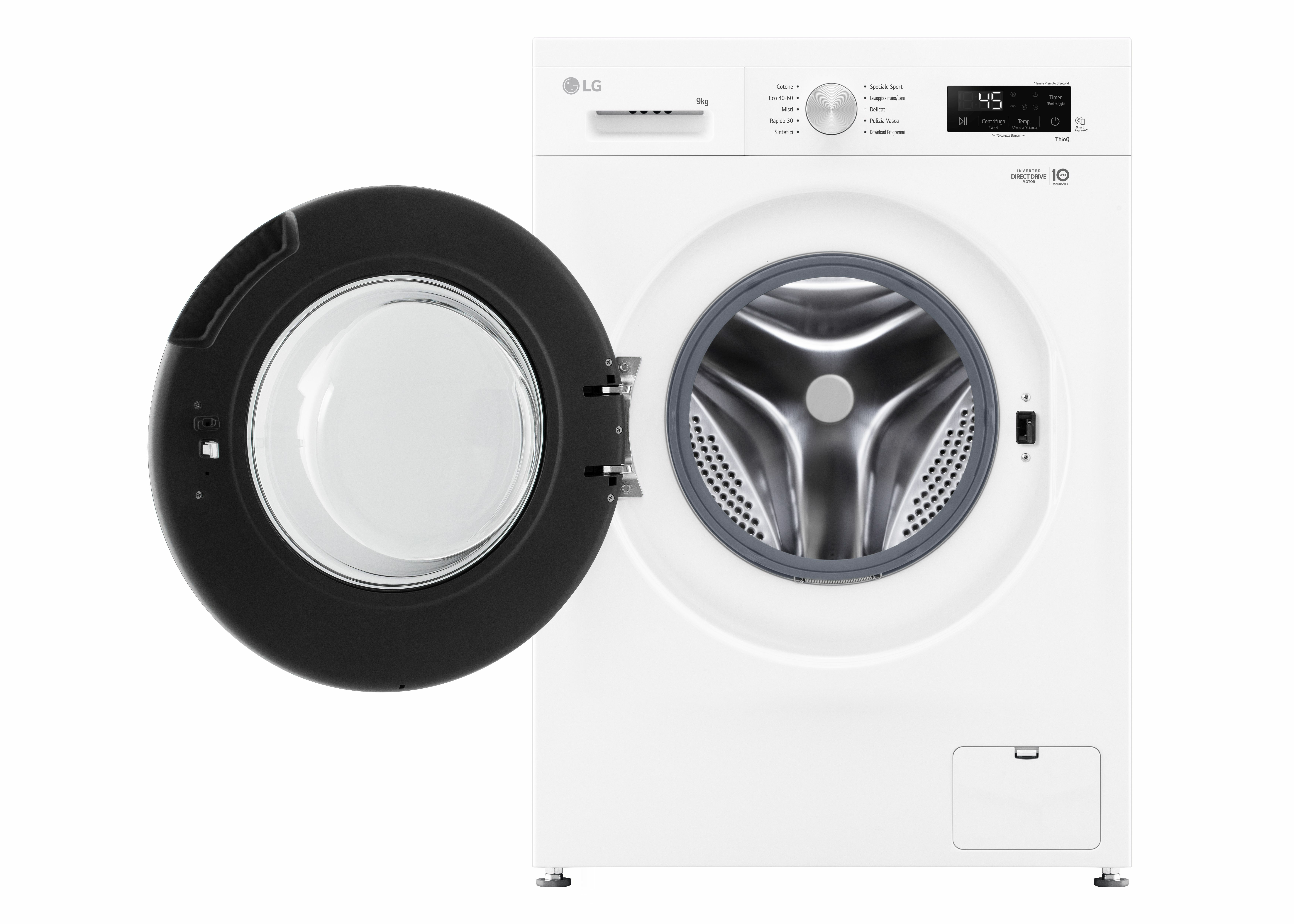 Lavatrice LG bianca. Porta nera aperta rivela il cestello. Sfondo bianco.