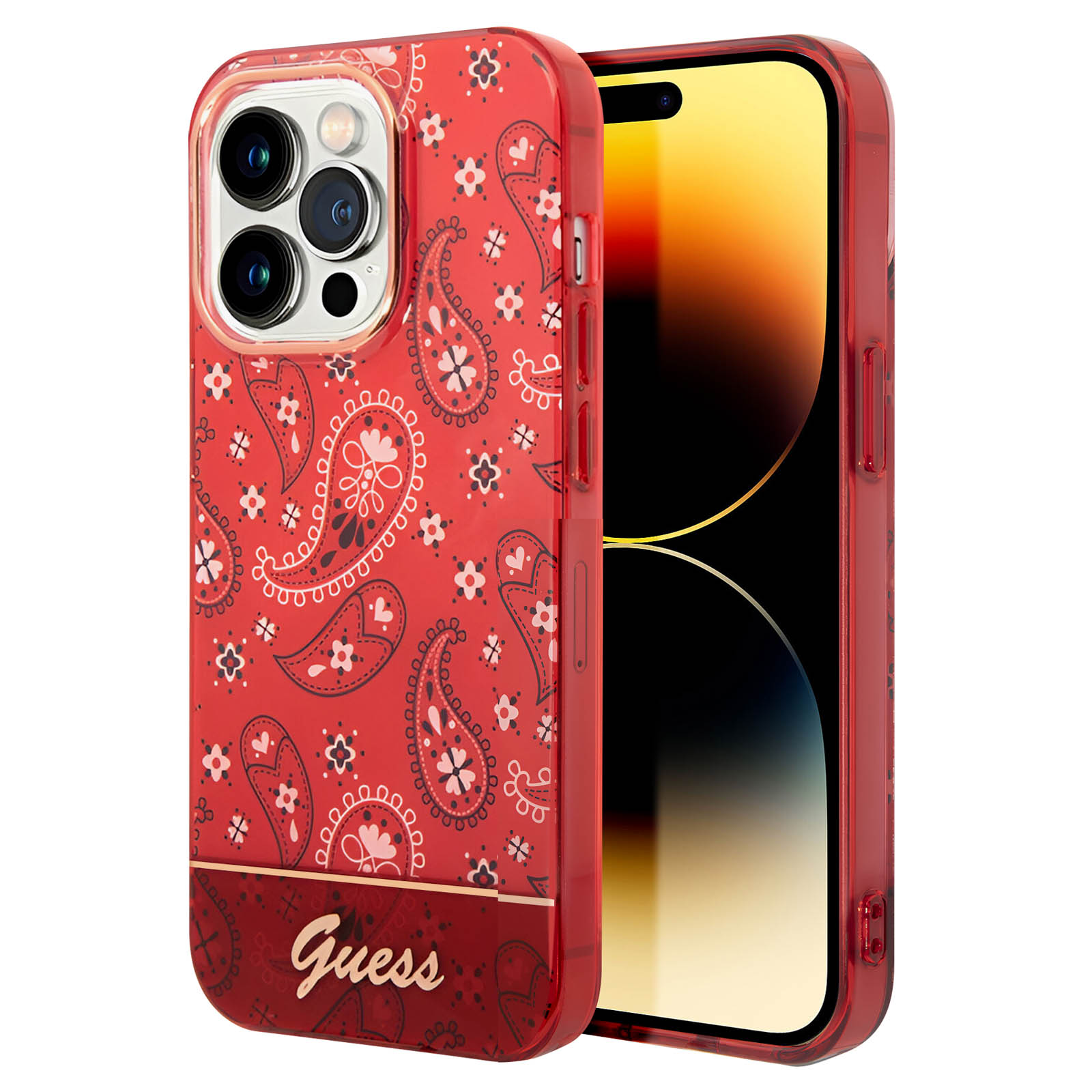 Una custodia rossa Guess con un design paisley e un telefono all'interno.