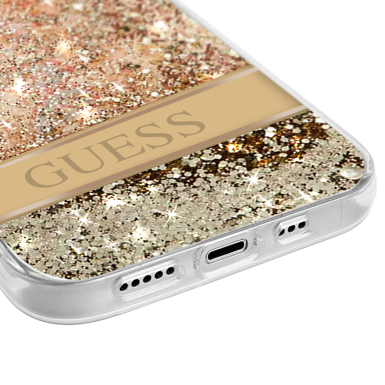 Primo piano di una custodia per telefono con glitter dorati e la scritta 'GUESS'.