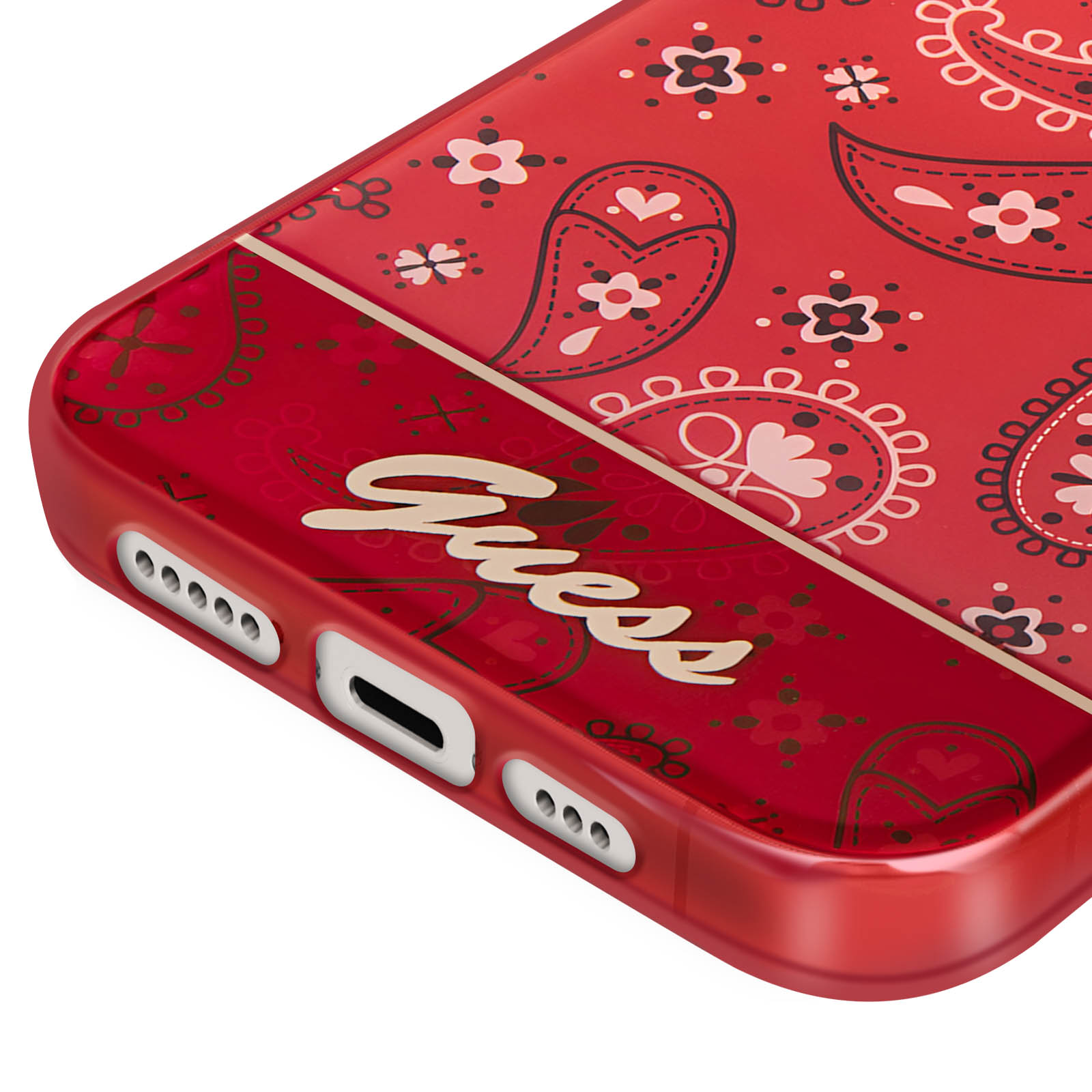 Custodia per telefono rossa con motivo paisley e logo Guess. La custodia è un primo piano.