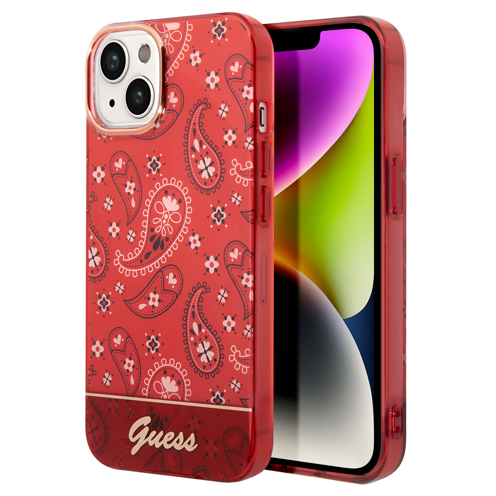 Una custodia per telefono rossa con un design a paisley e un telefono all'interno, con un logo Guess.
