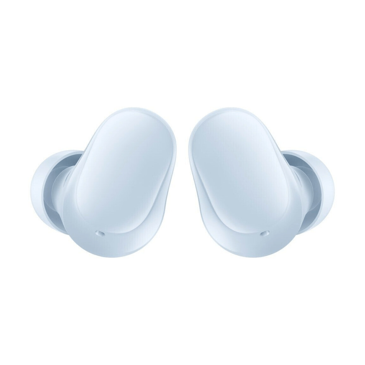 Dwa jasnoniebieskie bezprzewodowe słuchawki douszne. Pokazane na białym tle.