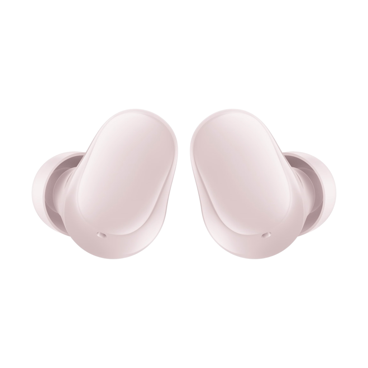 Dwie jasnoróżowe słuchawki. Prosty design, jasny kolor, z gładkim wykończeniem.