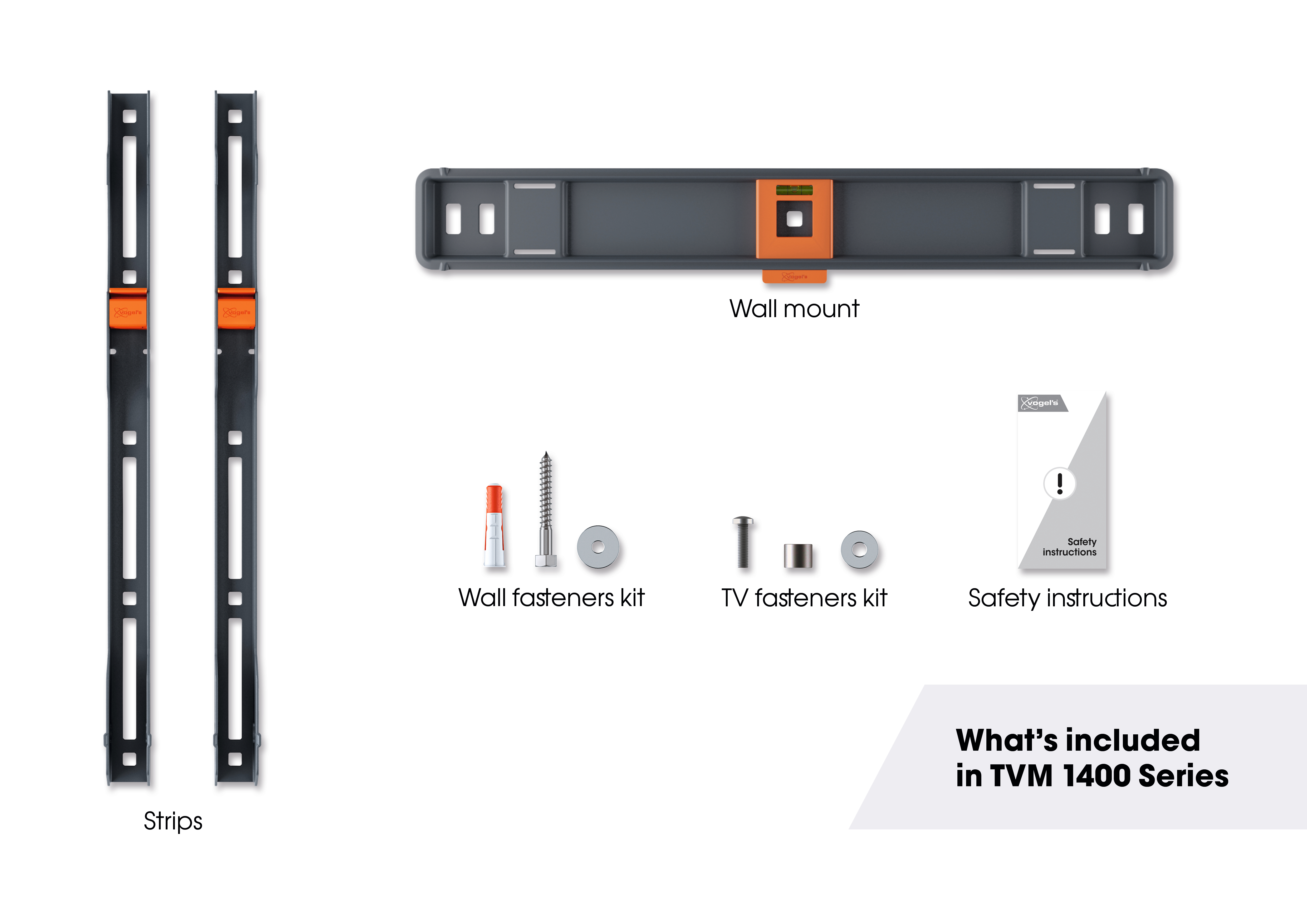 Zestaw do montażu na ścianie z paskami, mocowaniami ściennymi i zestawem do mocowania TV.