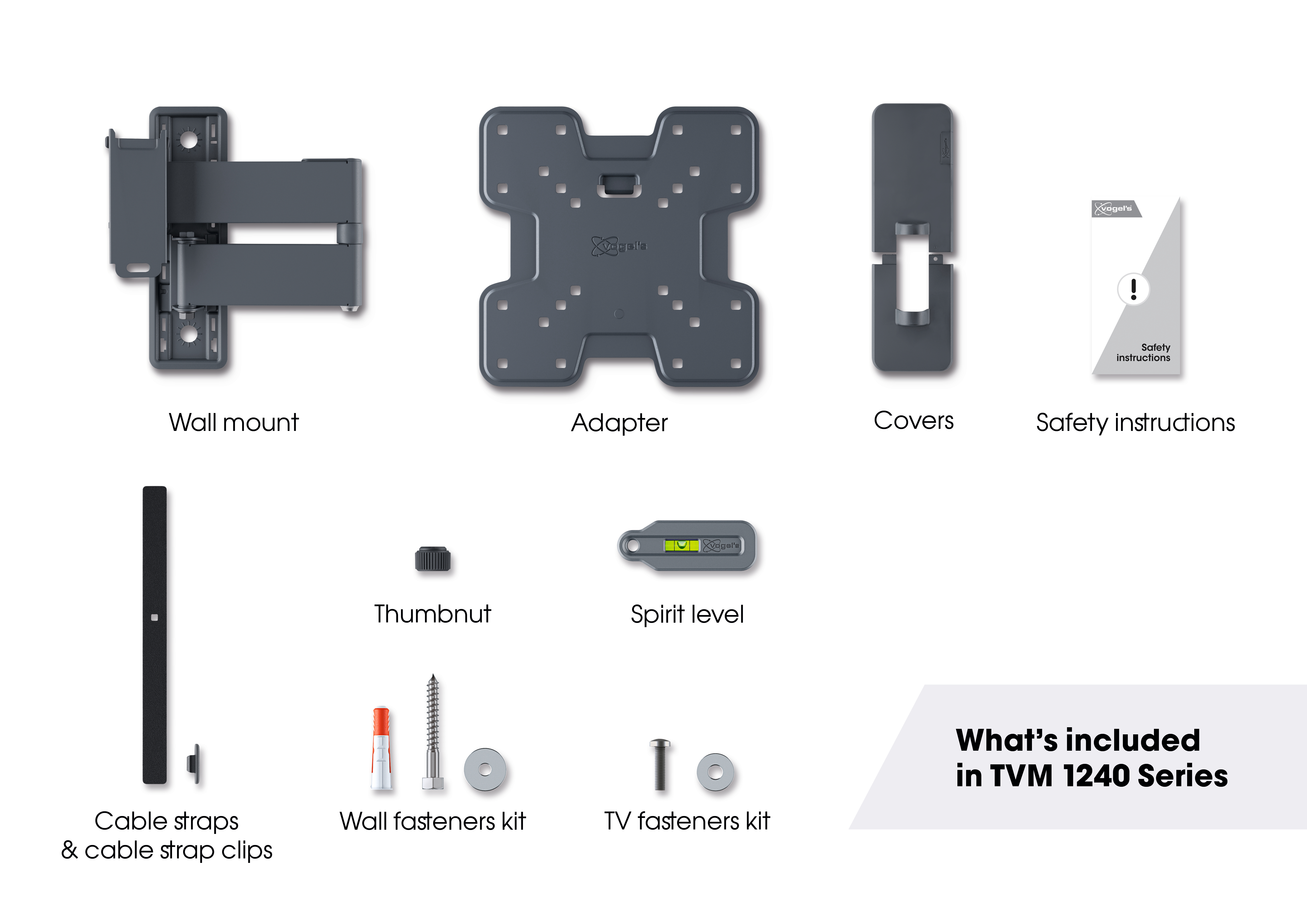 Wyświetlane są różne akcesoria do montażu ściennego telewizora: Uchwyt ścienny, adapter, osłony i instrukcje bezpieczeństwa.