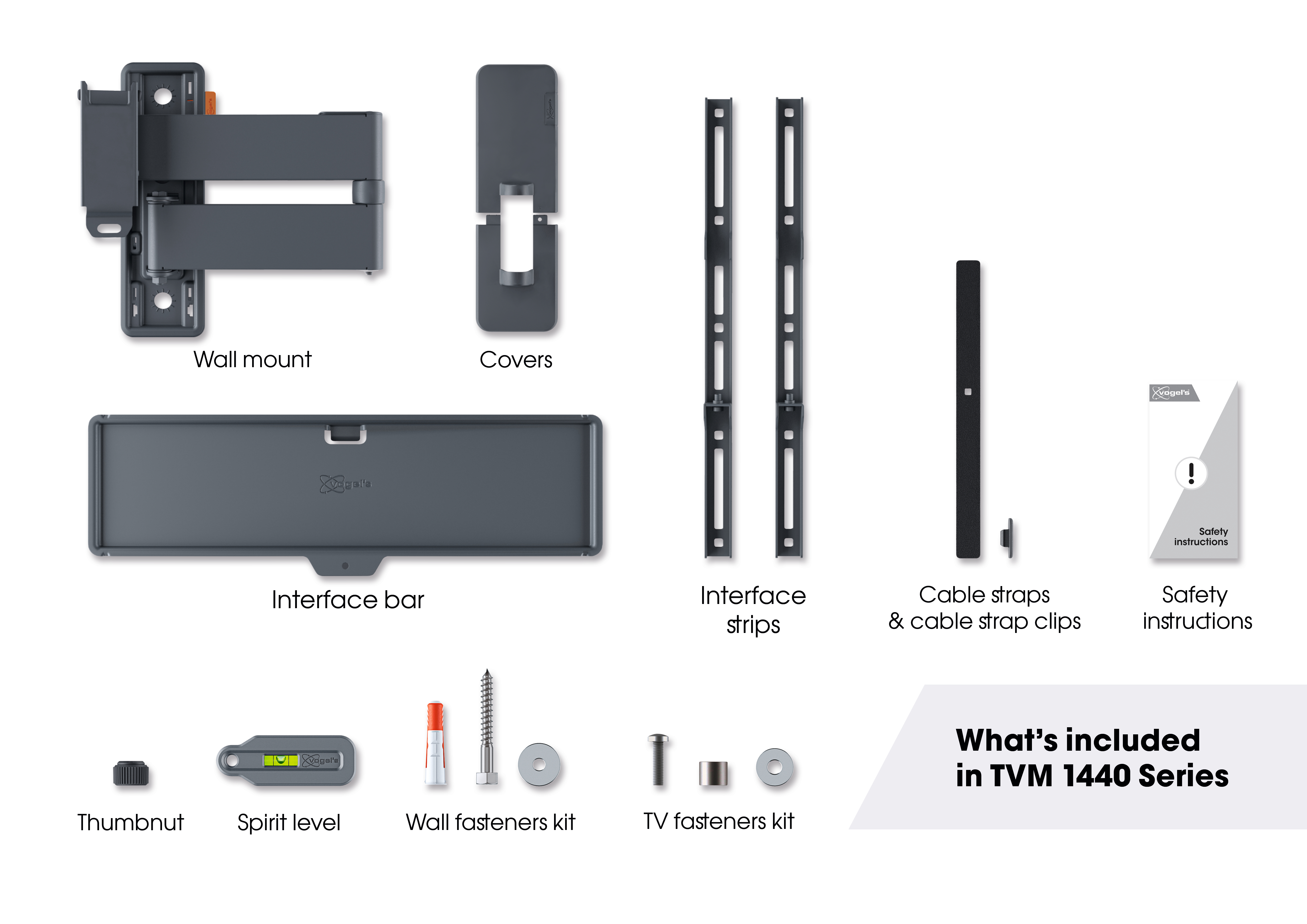 Zestaw do montażu na ścianie z różnymi elementami. Oznaczone przedmioty.