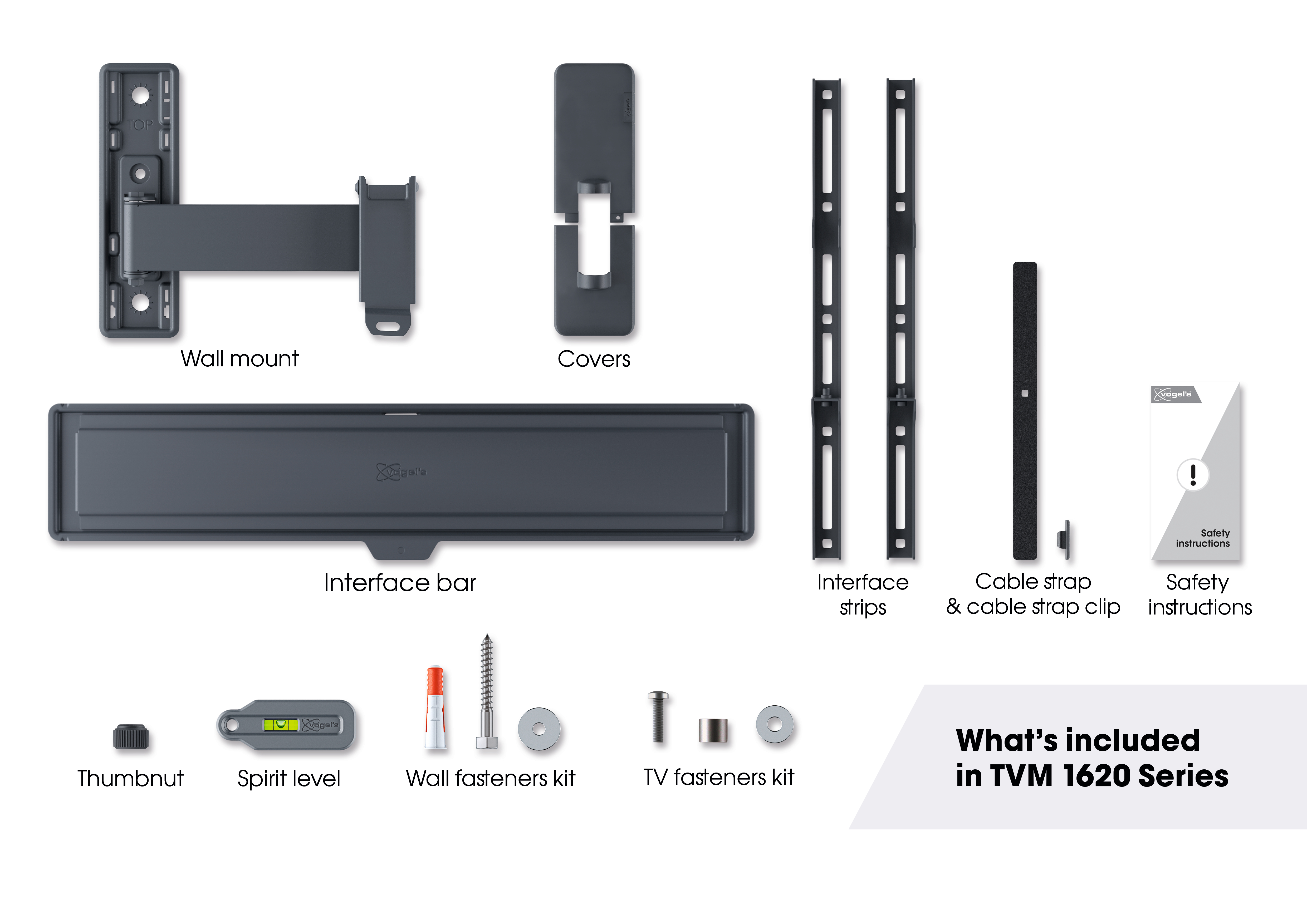 Zestaw do montażu na ścianie TV z różnymi częściami: uchwyt ścienny, listwa interfejsu, śruby, poziomica i instrukcje bezpieczeństwa.