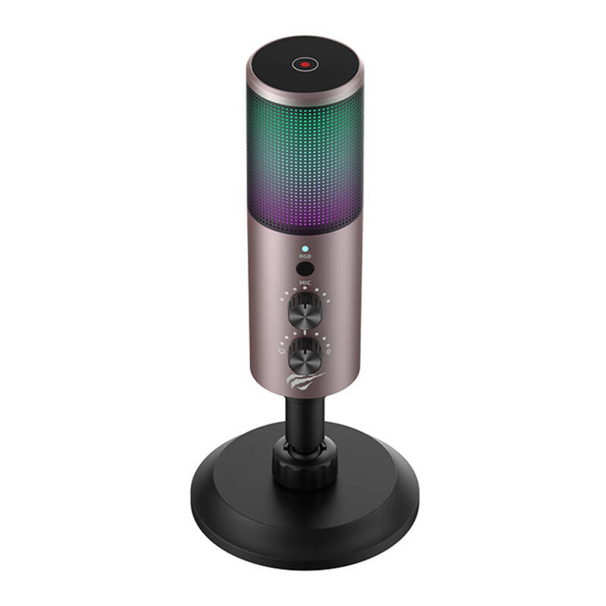 Siyah bir stand üzerinde RGB aydınlatmalı ve kadranlı pembe bir mikrofon. Beyaz üzerine izole edildi.