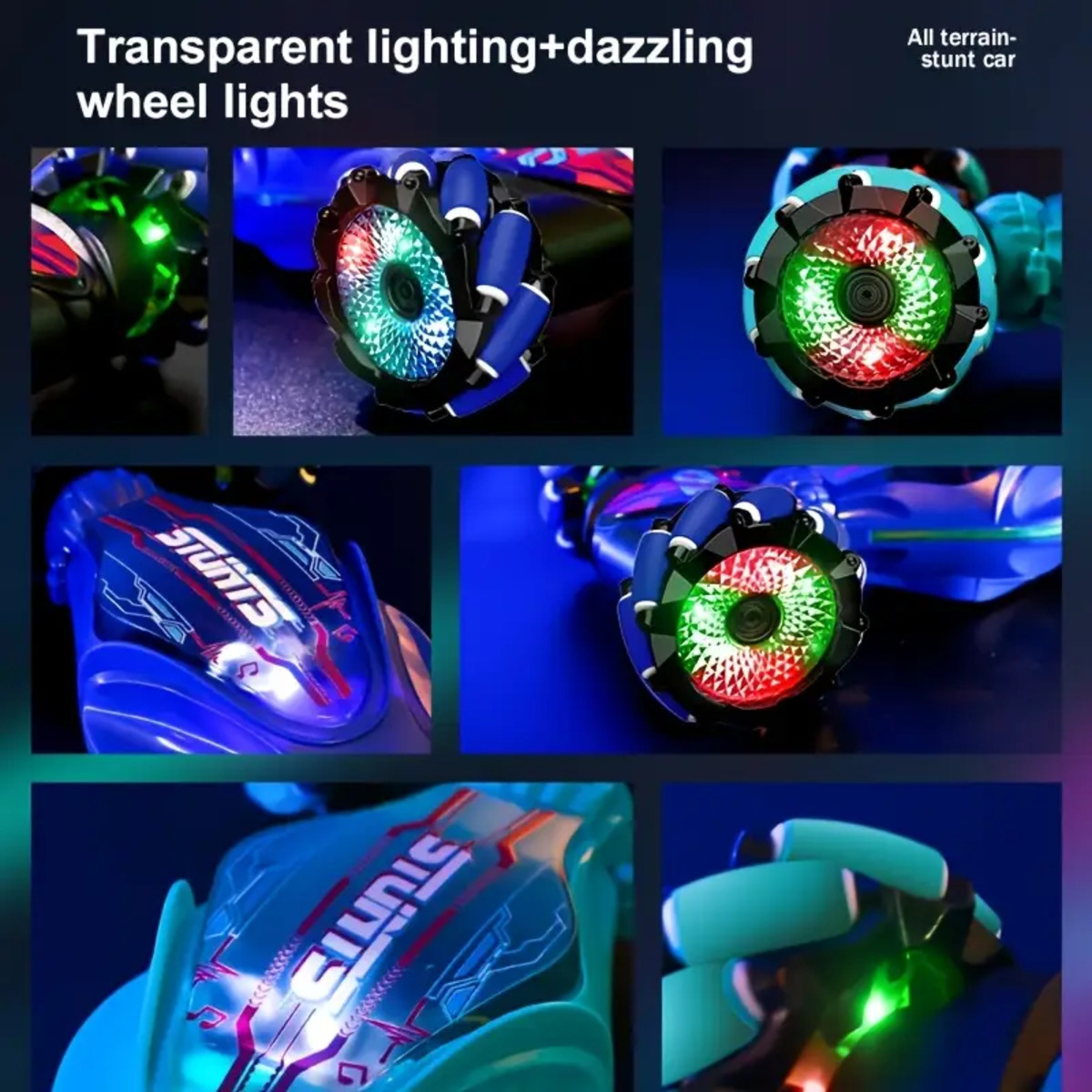 Un collage de imágenes de coches de juguete. El coche tiene luces de colores y está diseñado para acrobacias.