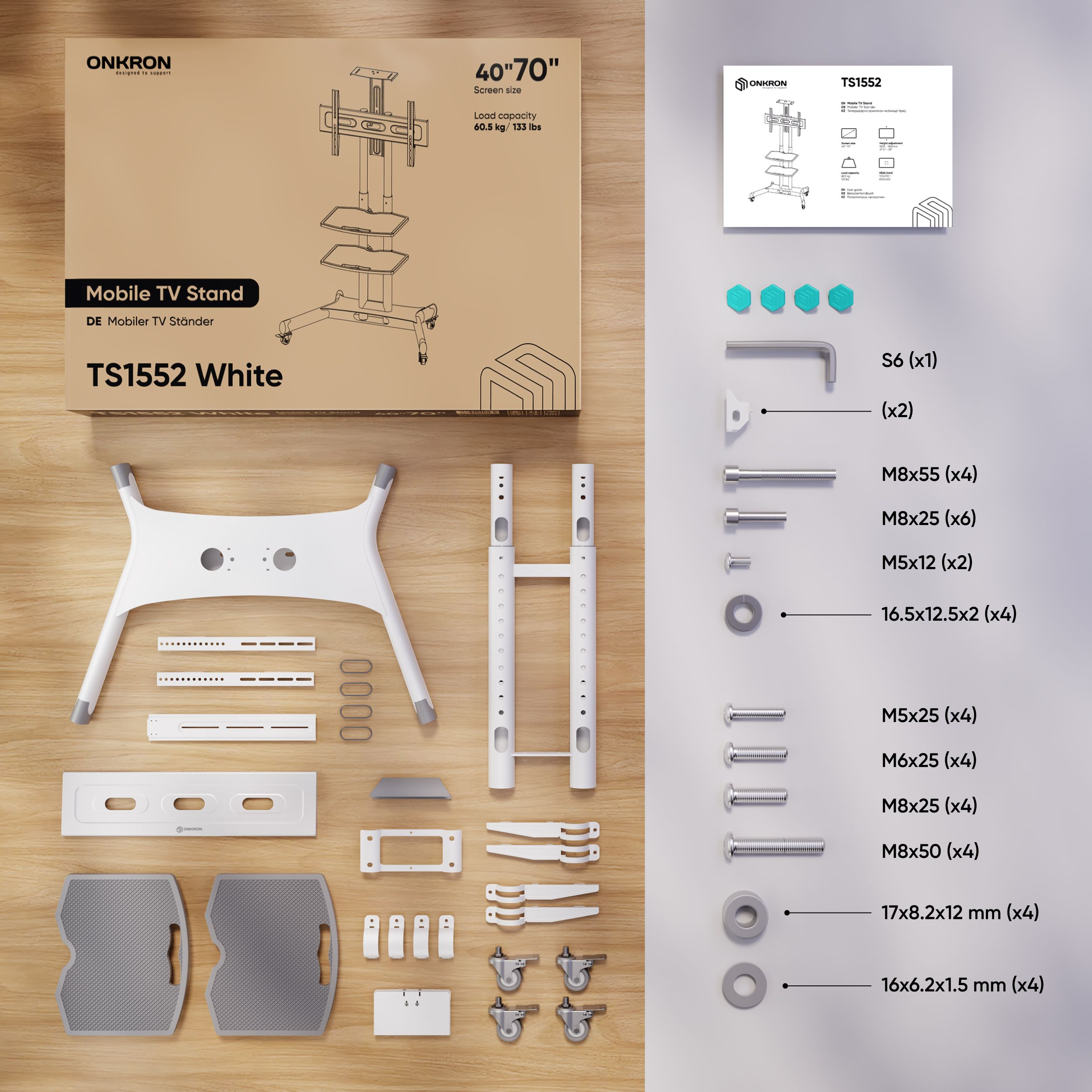 Pudełko i komponenty stojaka pod telewizor, w tym stojak, śruby i instrukcje.