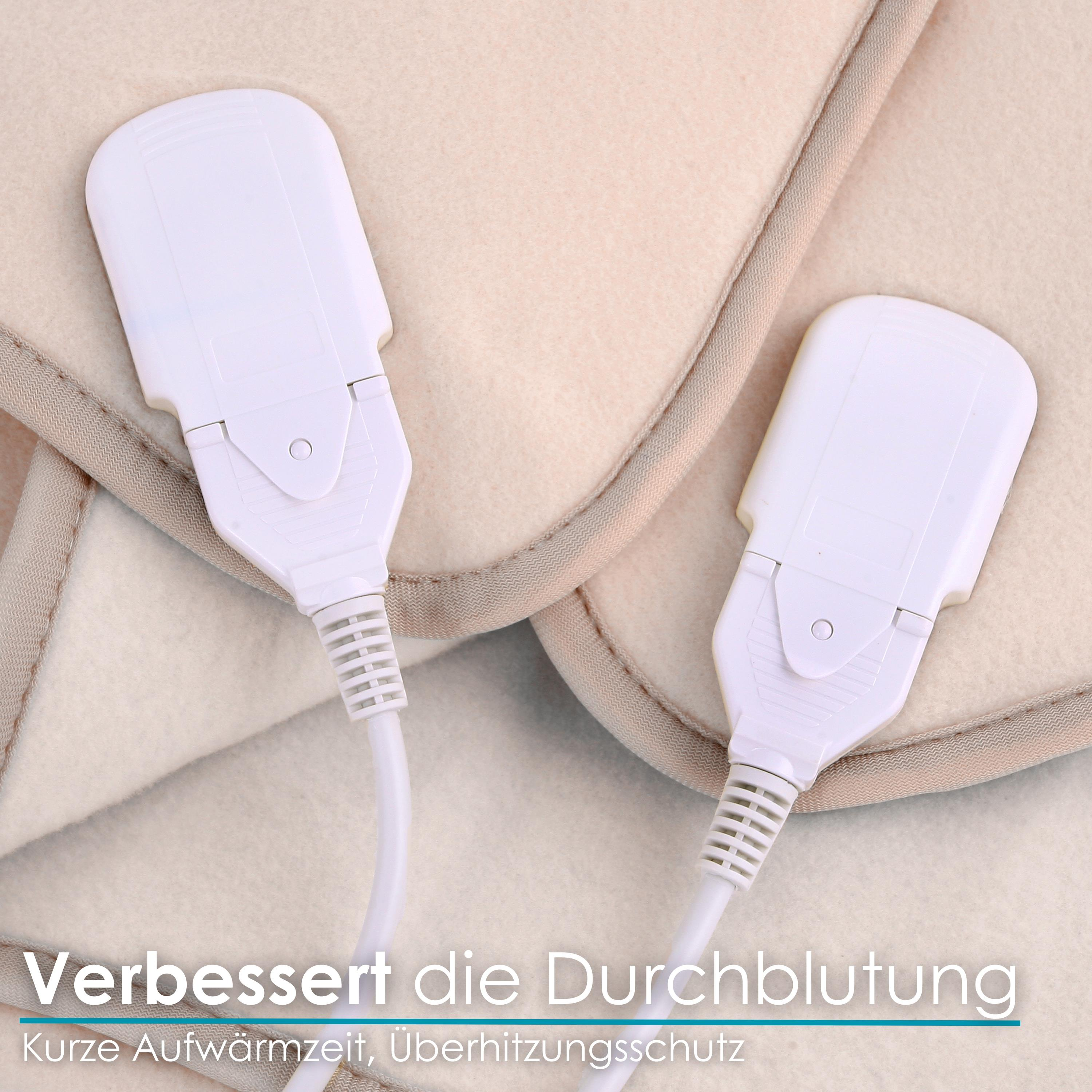 Zwei weiße Heizkissen mit Kabeln auf einer beige farbenen Decke. Text: Verbessert die Durchblutung, schnelles Aufheizen und Überhitzungsschutz.